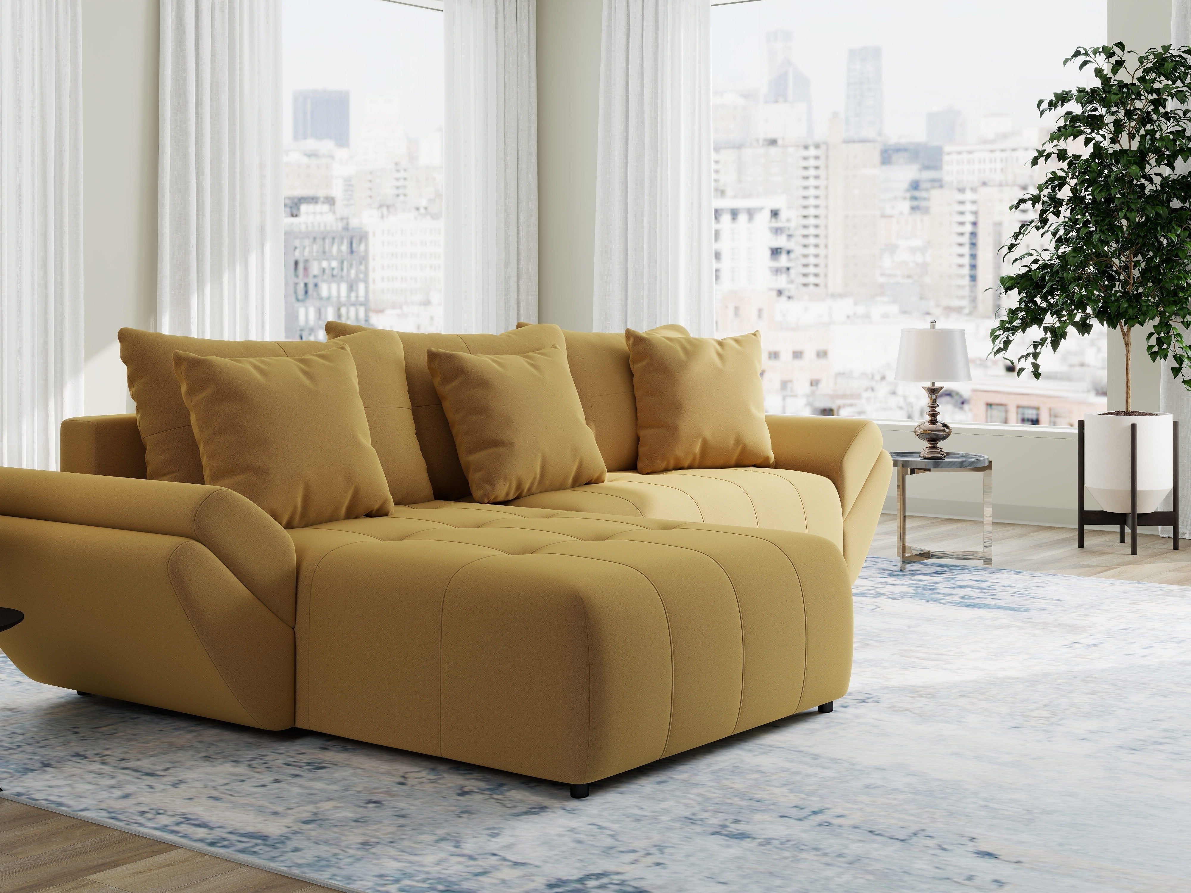 Colțar extensibil dumonde cu ladă de depozitare si sezut confortabil din spuma HR, Berlin Royal Galben Mustar 280x185 cm