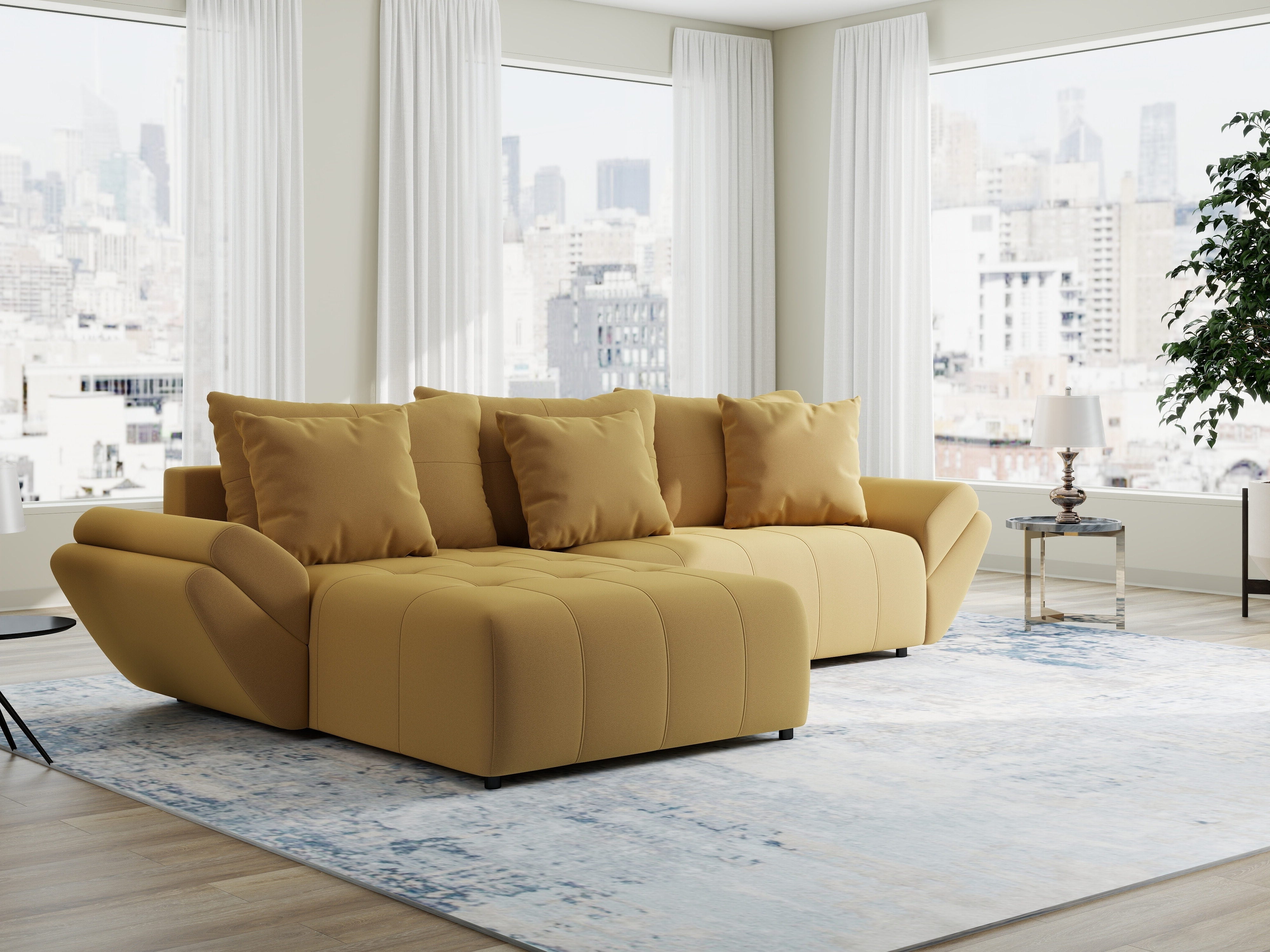 Colțar extensibil dumonde cu ladă de depozitare si sezut confortabil din spuma HR, Berlin Royal Galben Mustar 280x185 cm