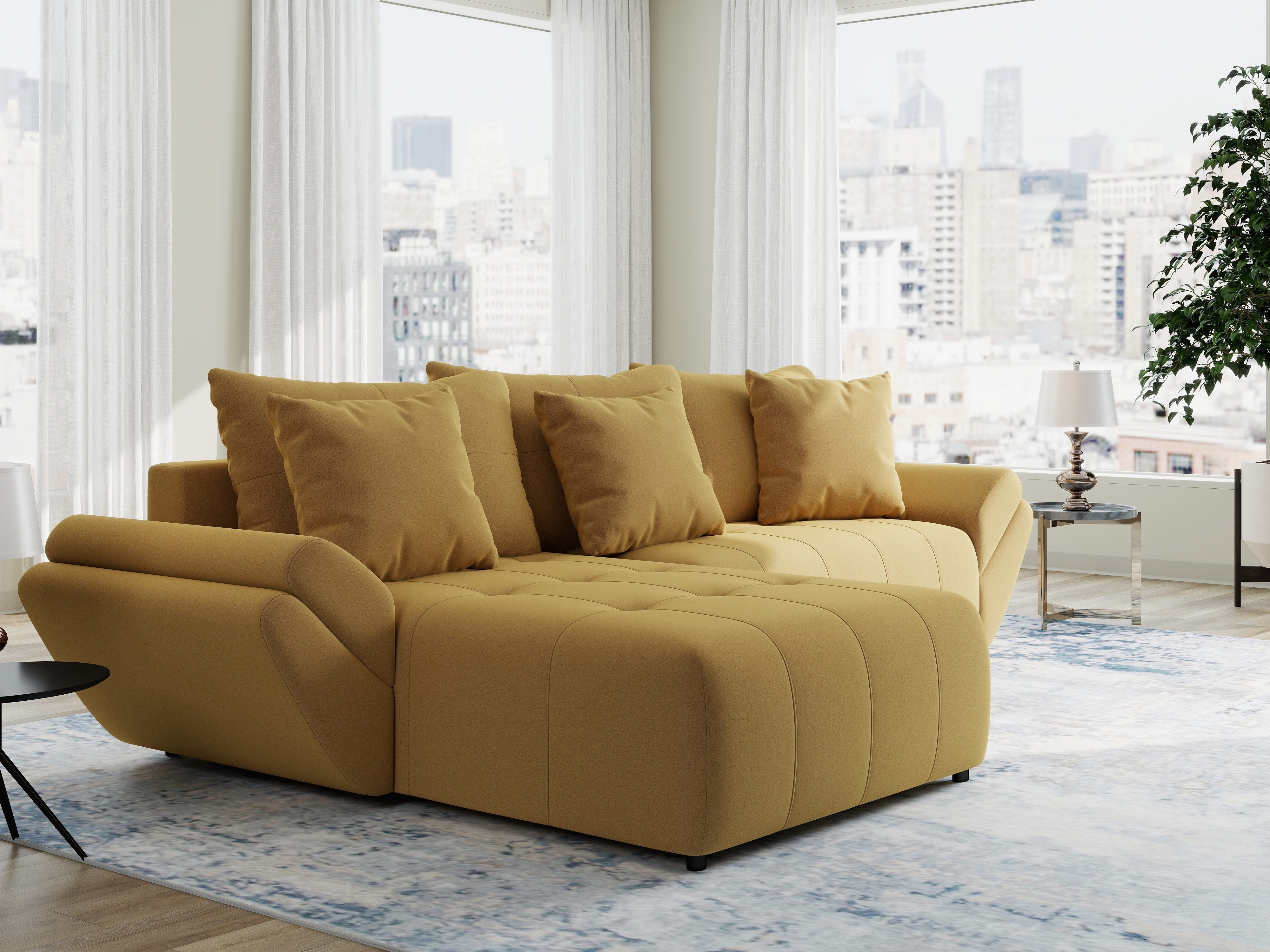 Colțar extensibil dumonde cu ladă de depozitare si sezut confortabil din spuma HR, Berlin Royal Galben Mustar 280x185 cm