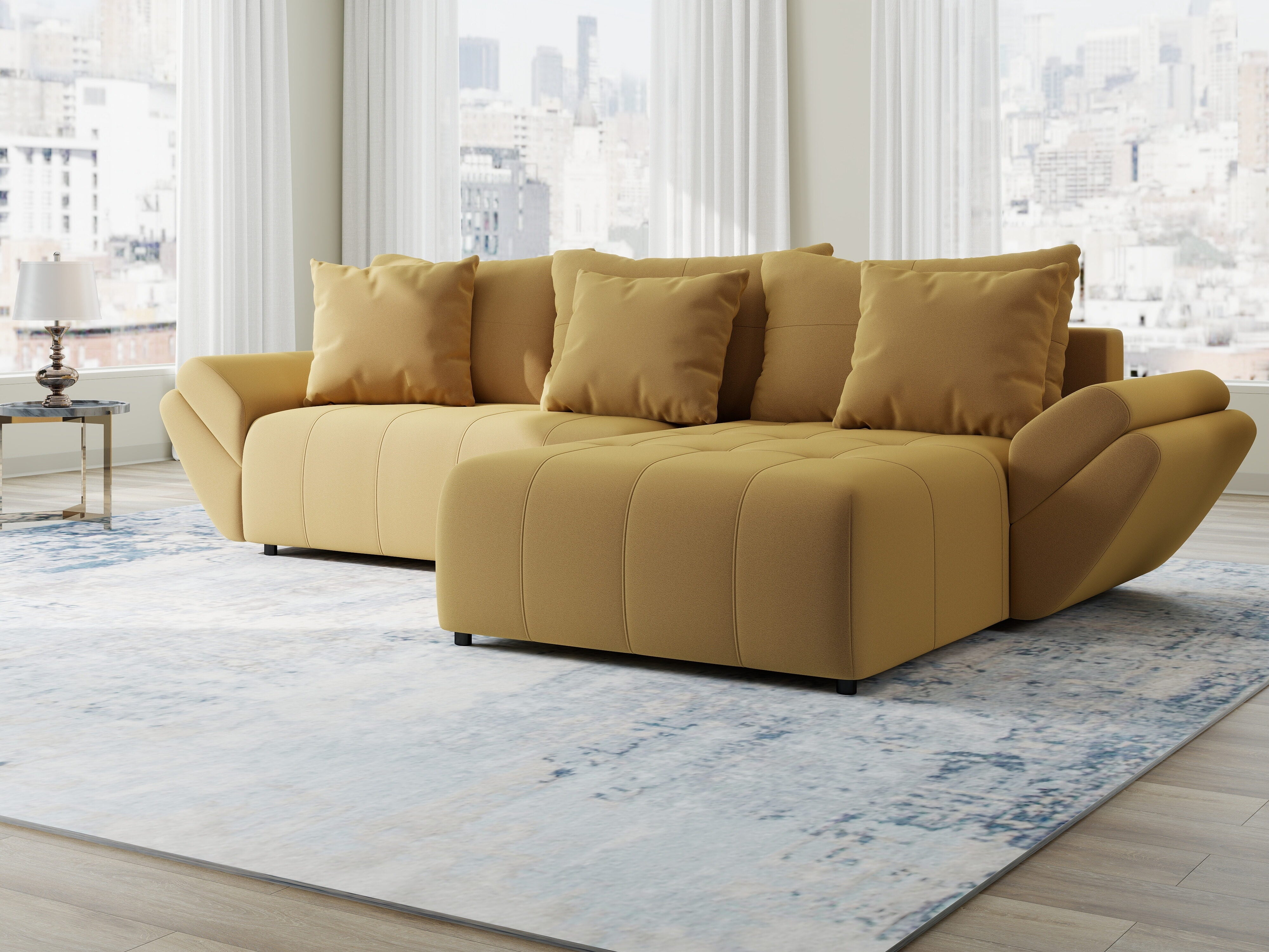 Colțar extensibil dumonde cu ladă de depozitare si sezut confortabil din spuma HR, Berlin Royal Galben Mustar 280x185 cm II