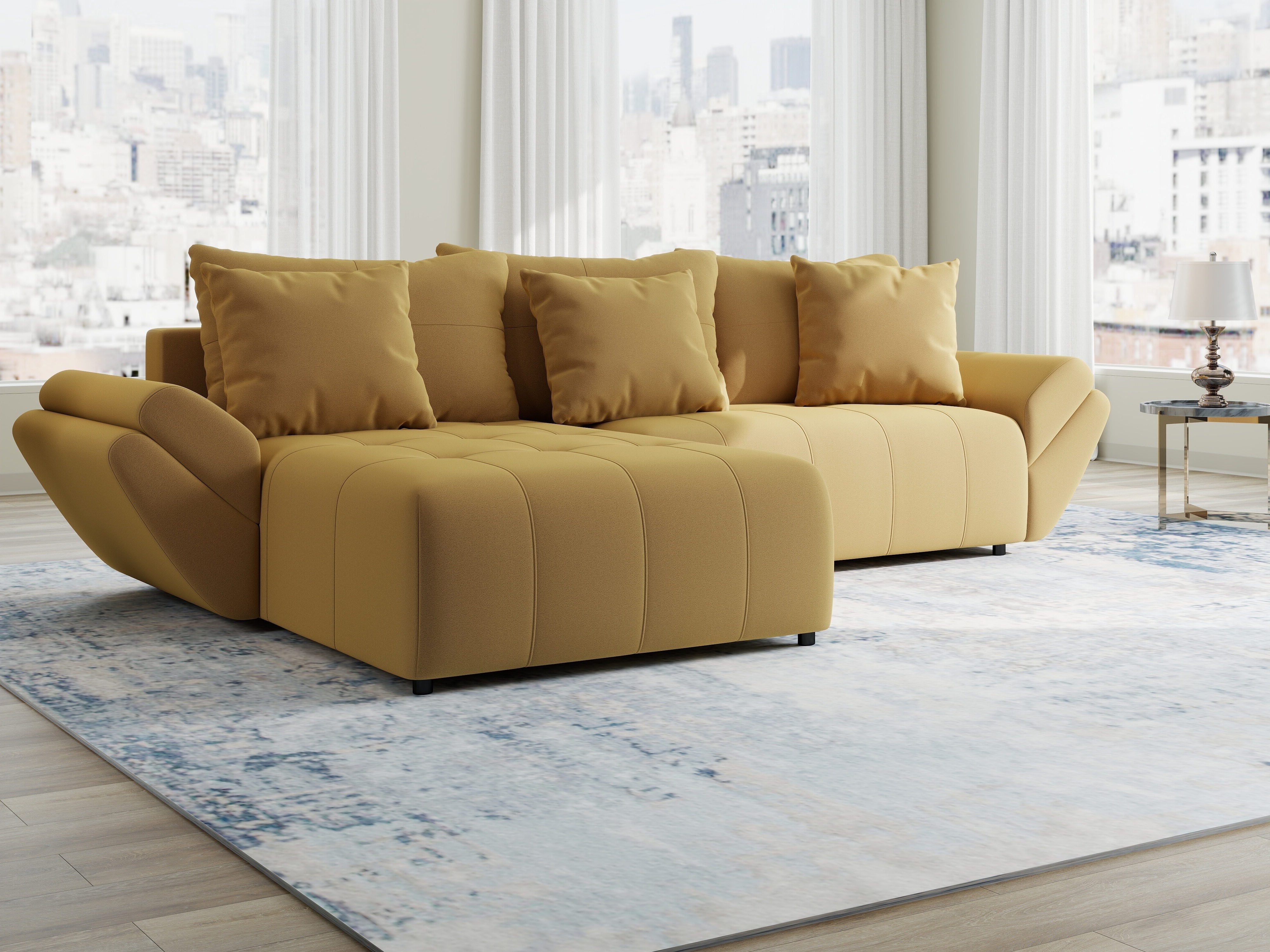 Colțar extensibil dumonde cu ladă de depozitare si sezut confortabil din spuma HR, Berlin Royal Galben Mustar 280x185 cm