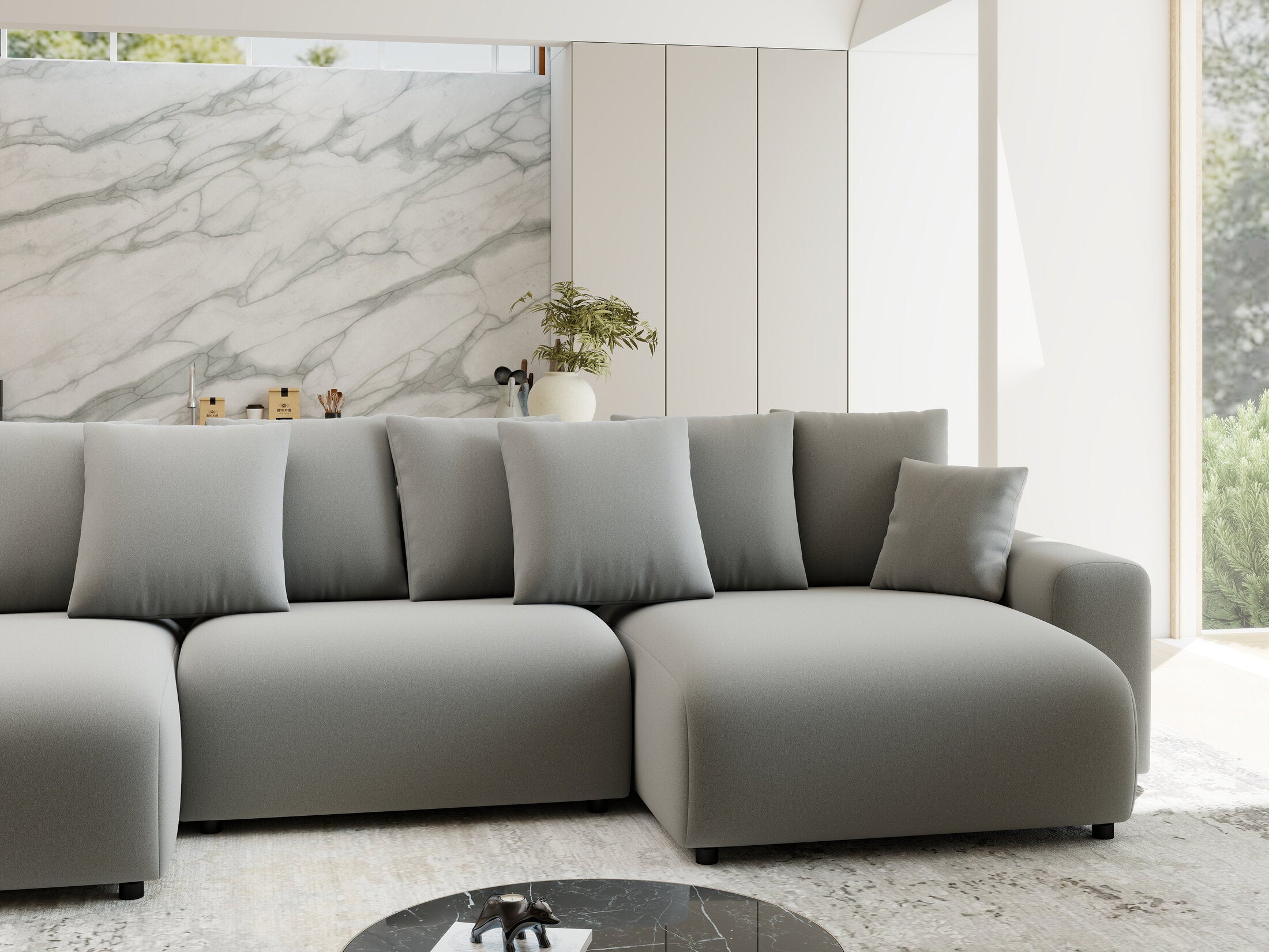 Colțar extensibil dumonde cu ladă de depozitare si sezut confortabil din spuma HR, Luma U Royal Gri 336x140 cm