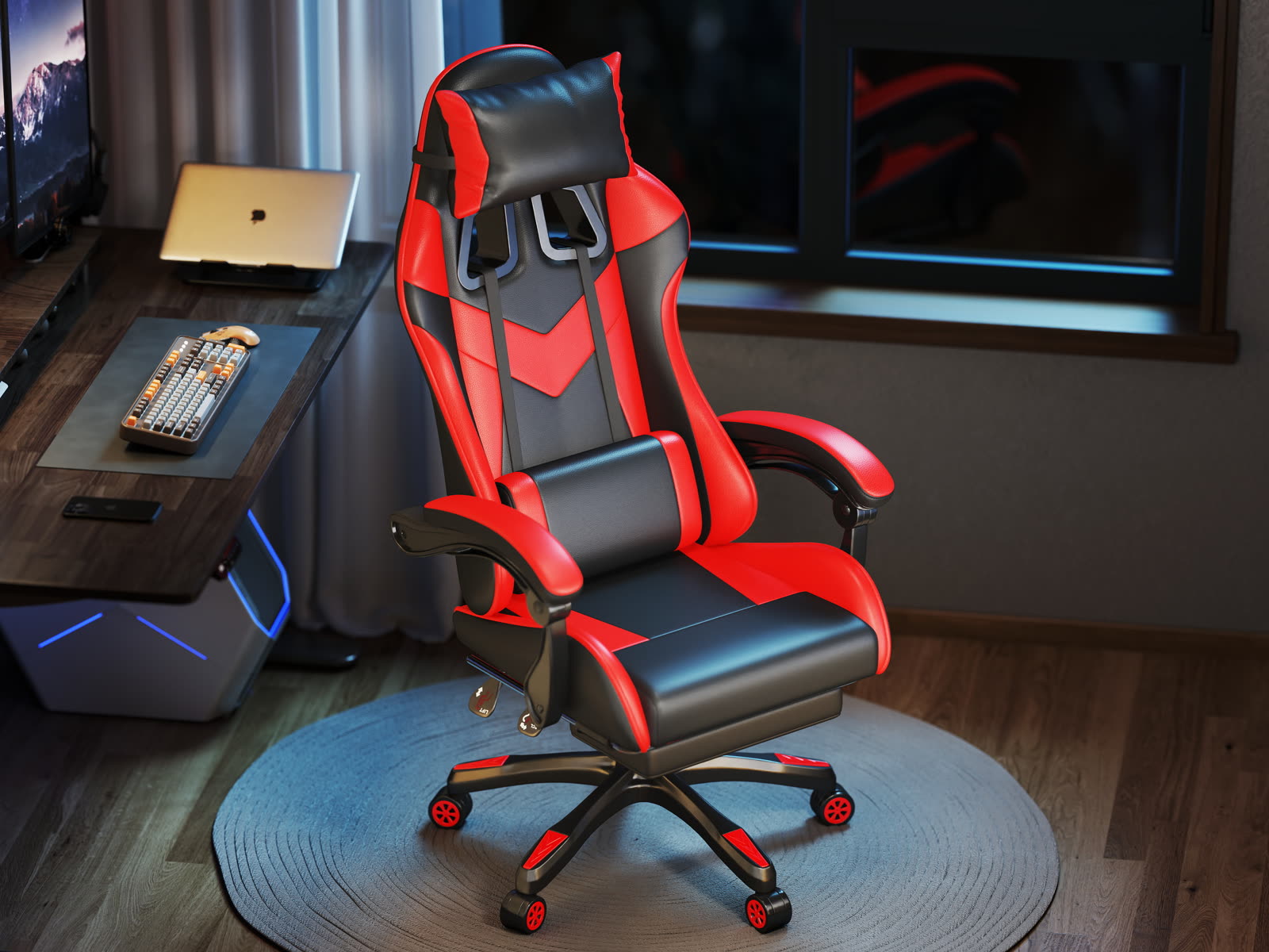 Scaun gaming Dumonde EXODUS, mecanism multifuncțional, ecopiele, suport picioare, rosu/negru