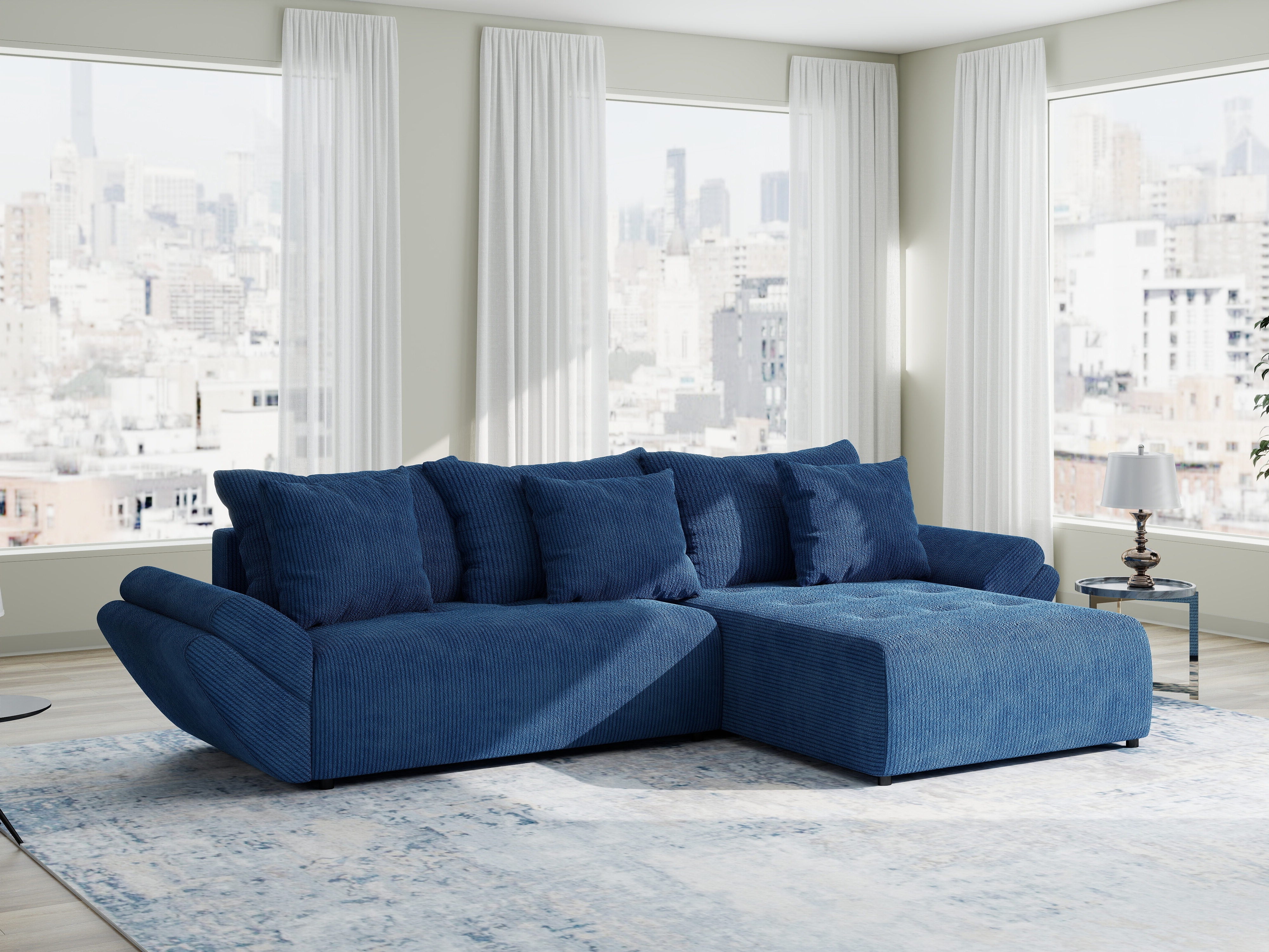 Colțar extensibil dumonde cu ladă de depozitare si sezut confortabil din spuma HR, Berlin Zoom Albastru 280x185 cm II