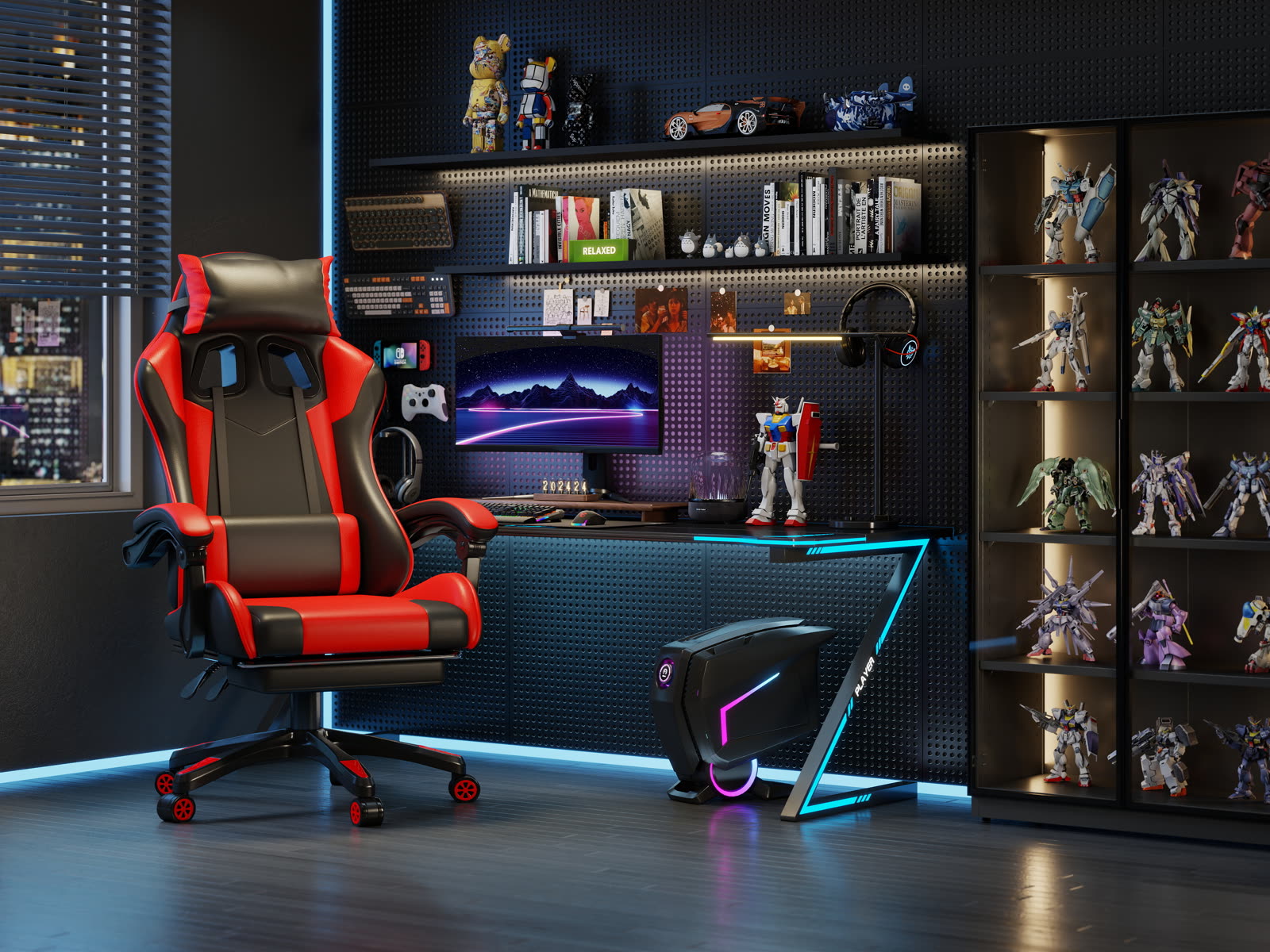 Scaun gaming Dumonde KRAKEN, mecanism multifuncțional, ecopiele, suport picioare, rosu/negru