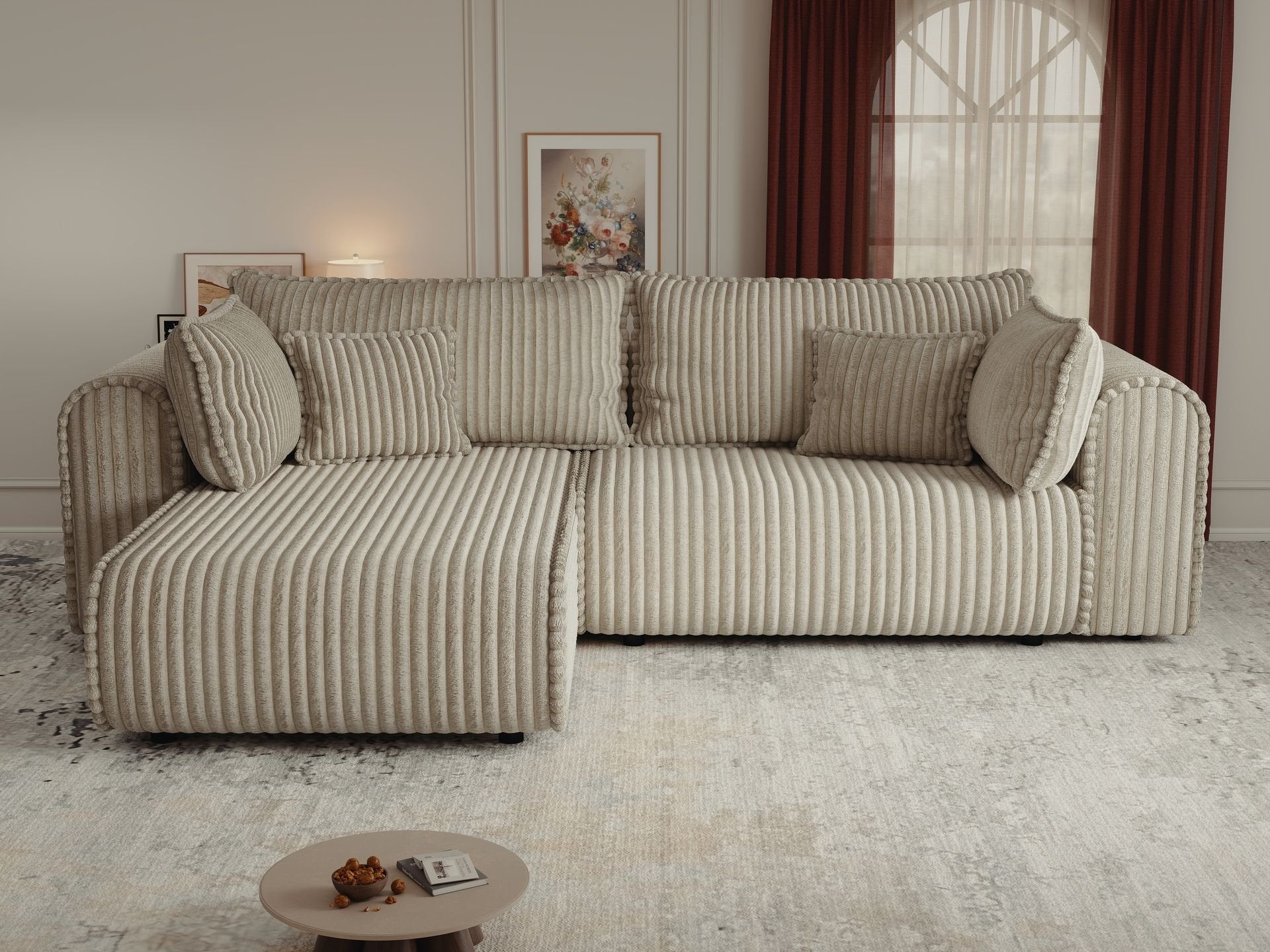 Colțar extensibil dumonde cu ladă de depozitare si sezut confortabil din spuma high-density, Monaco L Tilia Bej 270x100 cm