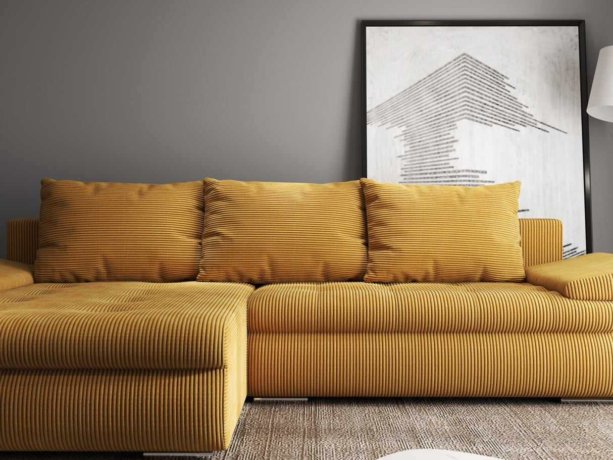 Colțar extensibil dumonde cu ladă de depozitare si sezut confortabil din spuma HR, Leonardo Zoom Mustar 255x193 cm