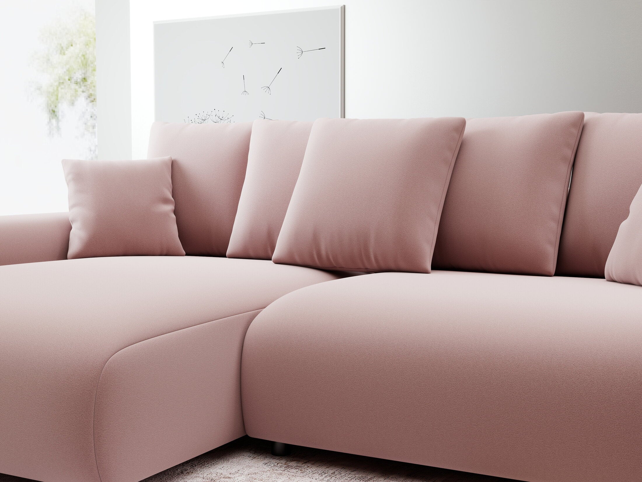 Colțar extensibil dumonde cu ladă de depozitare și șezut confortabil din spumă HR, Luma Royal Roz 255x168 cm