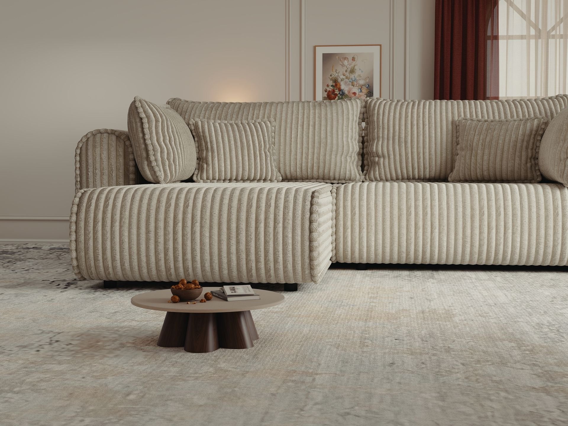 Colțar extensibil dumonde cu ladă de depozitare si sezut confortabil din spuma high-density, Monaco L Tilia Bej 270x100 cm