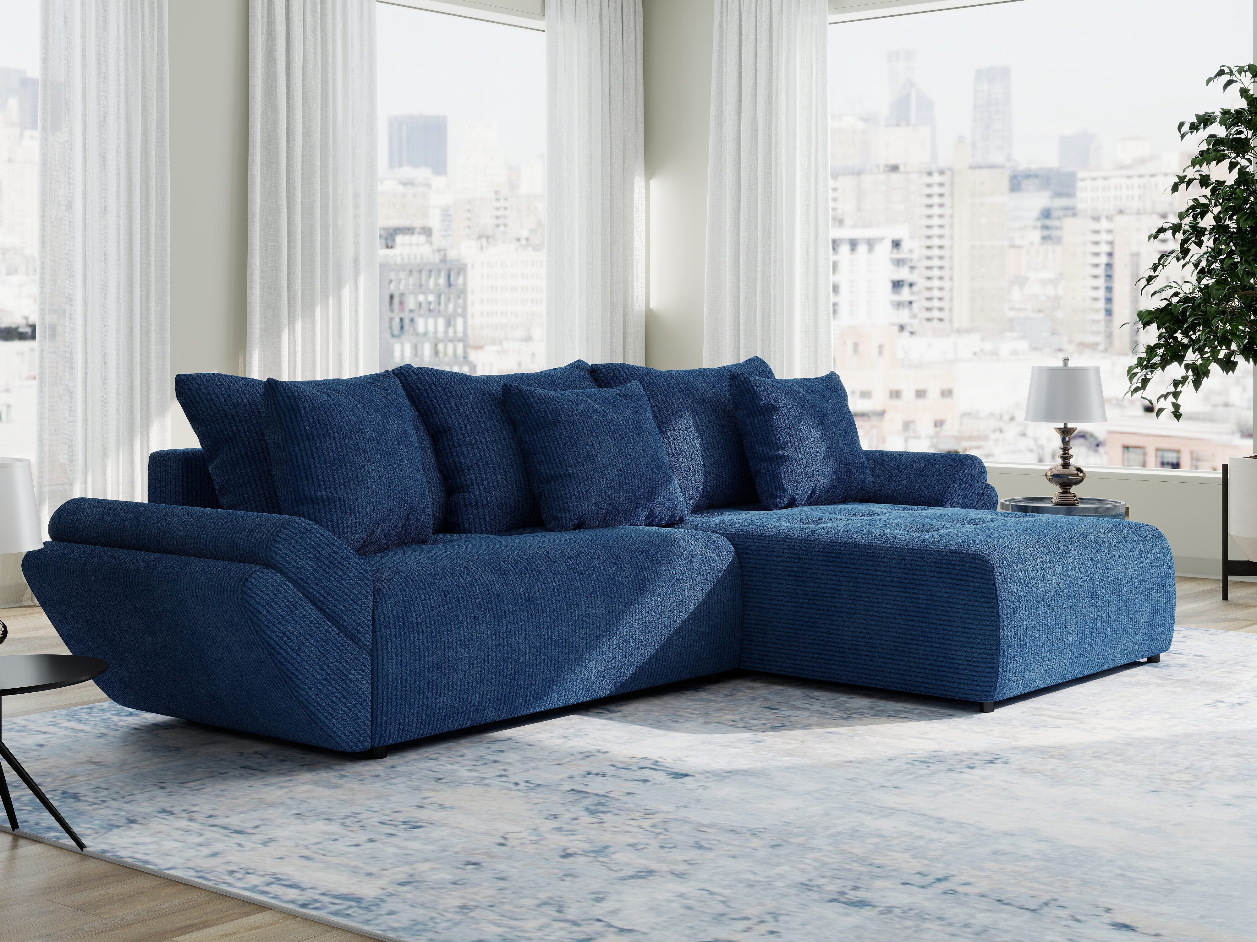 Colțar extensibil dumonde cu ladă de depozitare si sezut confortabil din spuma HR, Berlin Zoom Albastru 280x185 cm II