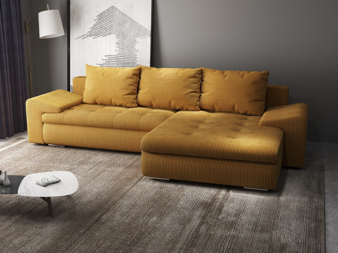 Colțar extensibil dumonde cu ladă de depozitare si sezut confortabil din spuma HR, Leonardo Zoom Mustar 255x193 cm II Fabrica