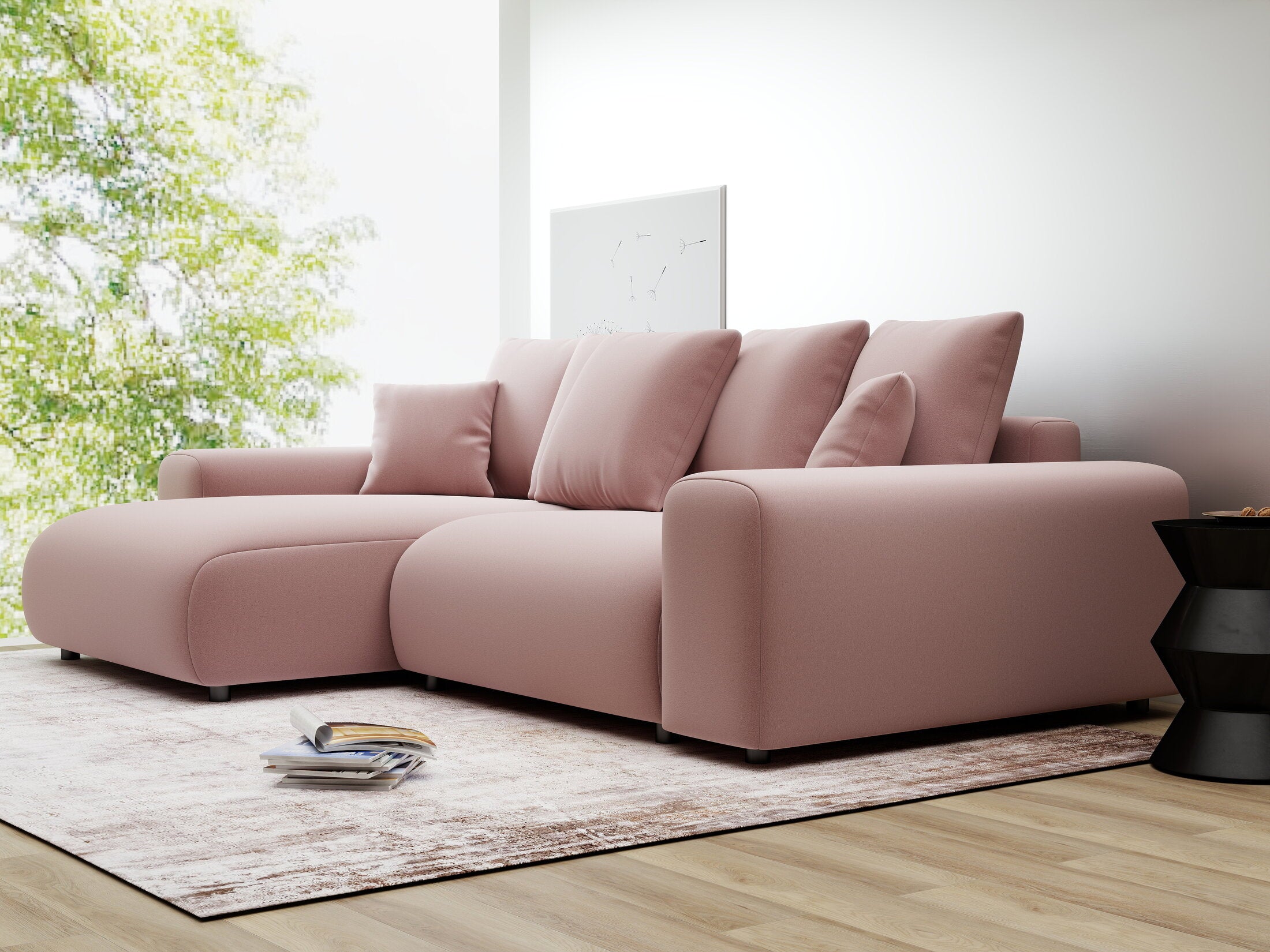 Colțar extensibil dumonde cu ladă de depozitare și șezut confortabil din spumă HR, Luma Royal Roz 255x168 cm