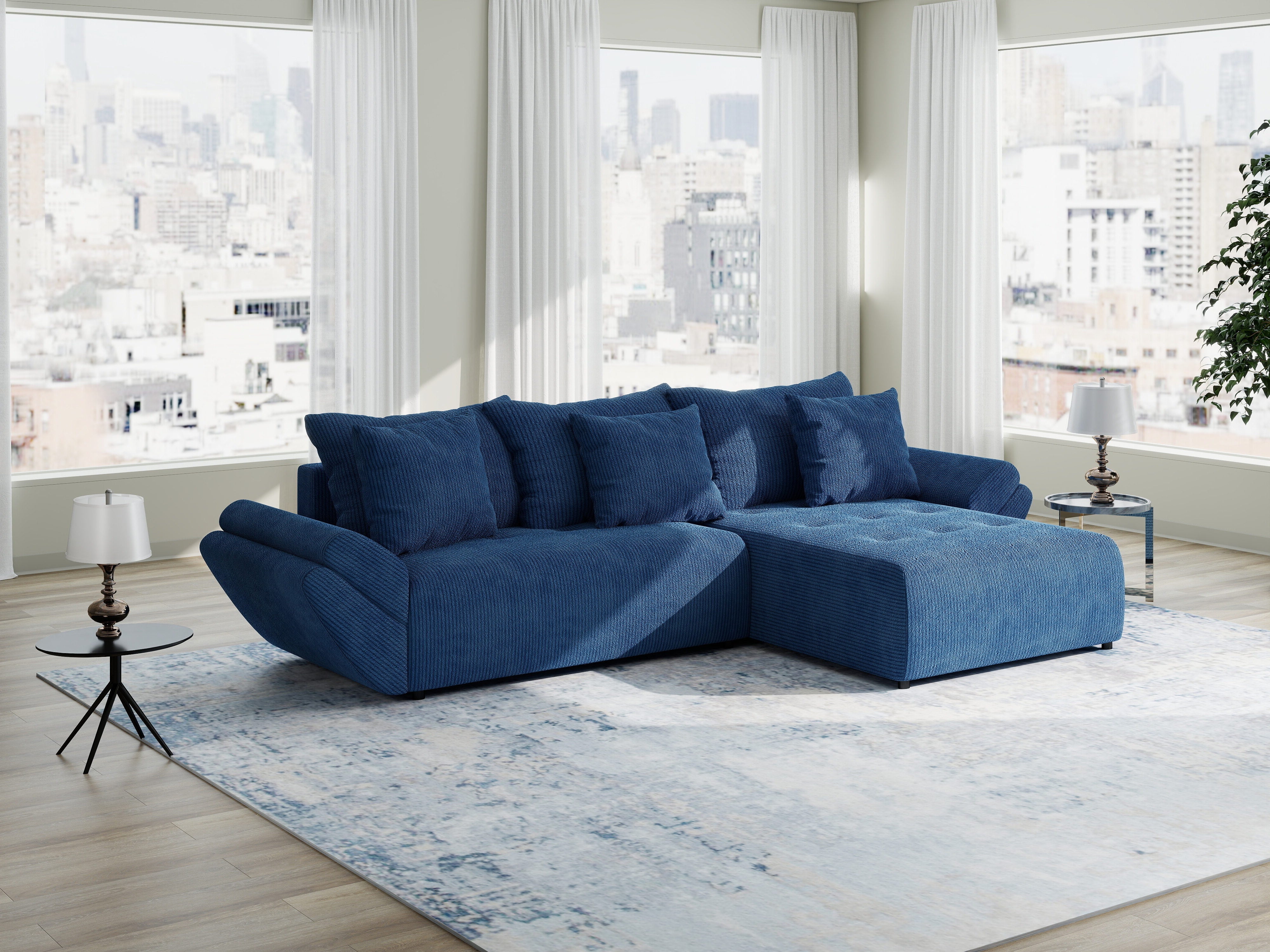 Colțar extensibil dumonde cu ladă de depozitare si sezut confortabil din spuma HR, Berlin Zoom Albastru 280x185 cm II