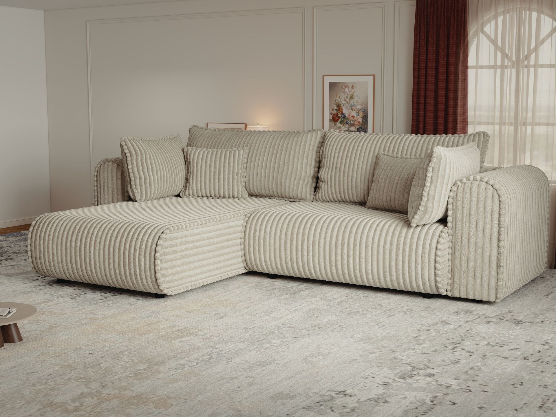 Colțar extensibil dumonde cu ladă de depozitare si sezut confortabil din spuma high-density, Monaco L Tilia Bej 270x100 cm