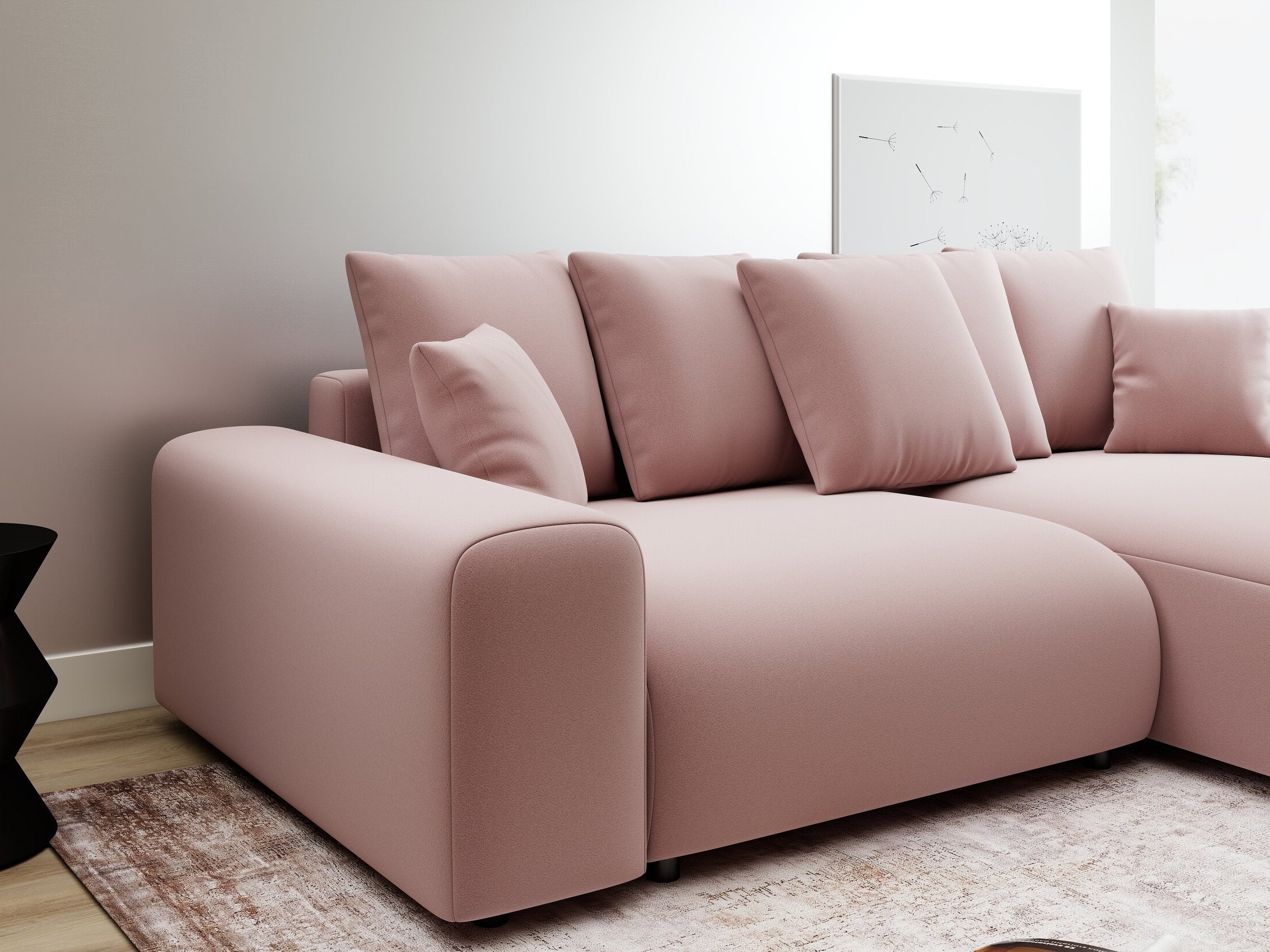 Colțar extensibil dumonde cu ladă de depozitare și șezut confortabil din spumă HR, Luma Royal Roz 255x168 cm II