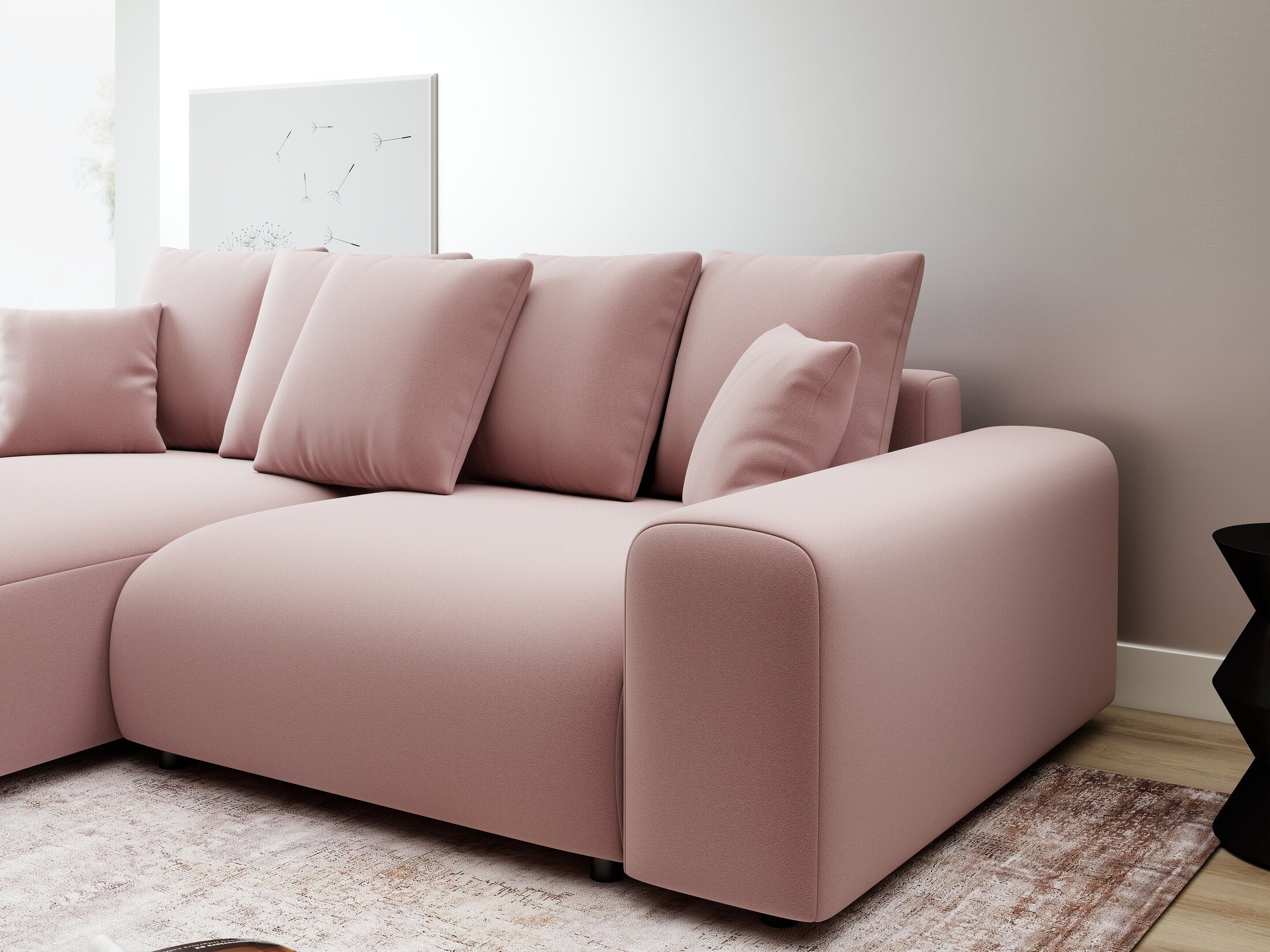 Colțar extensibil dumonde cu ladă de depozitare și șezut confortabil din spumă HR, Luma Royal Roz 255x168 cm