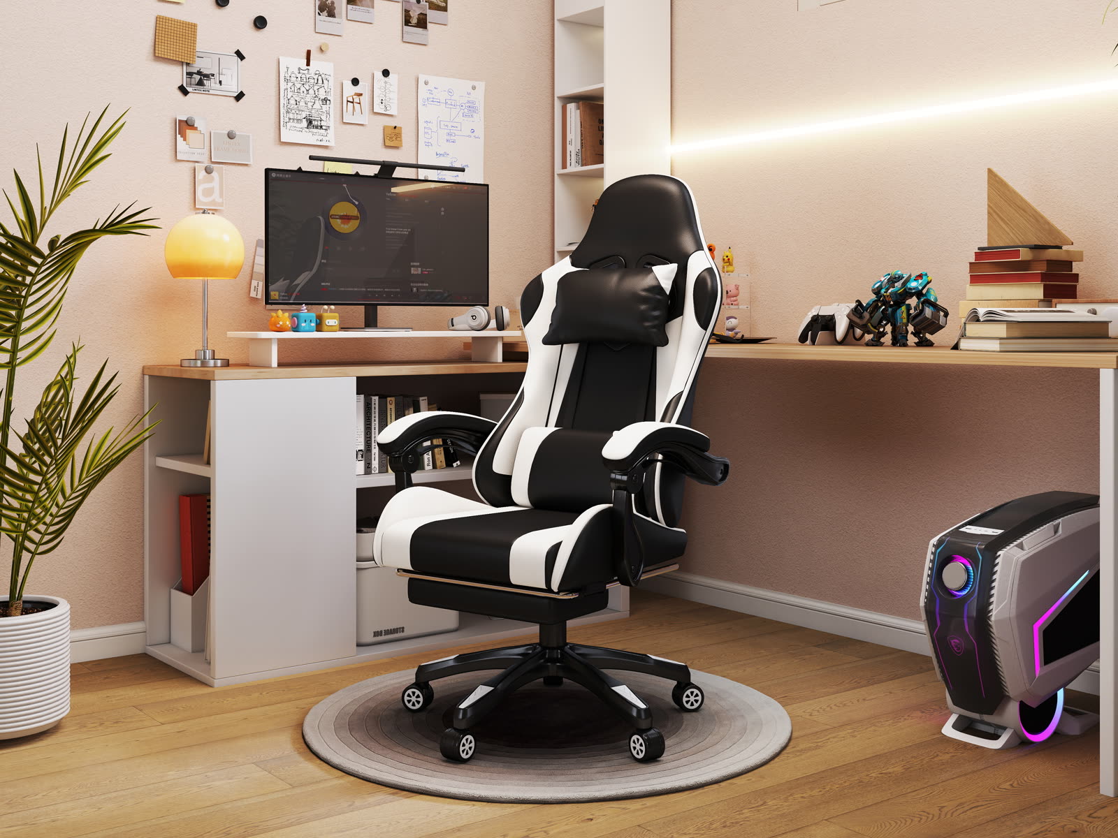 Scaun gaming Dumonde VIPER, mecanism multifuncțional, ecopiele, suport picioare, alb/negru