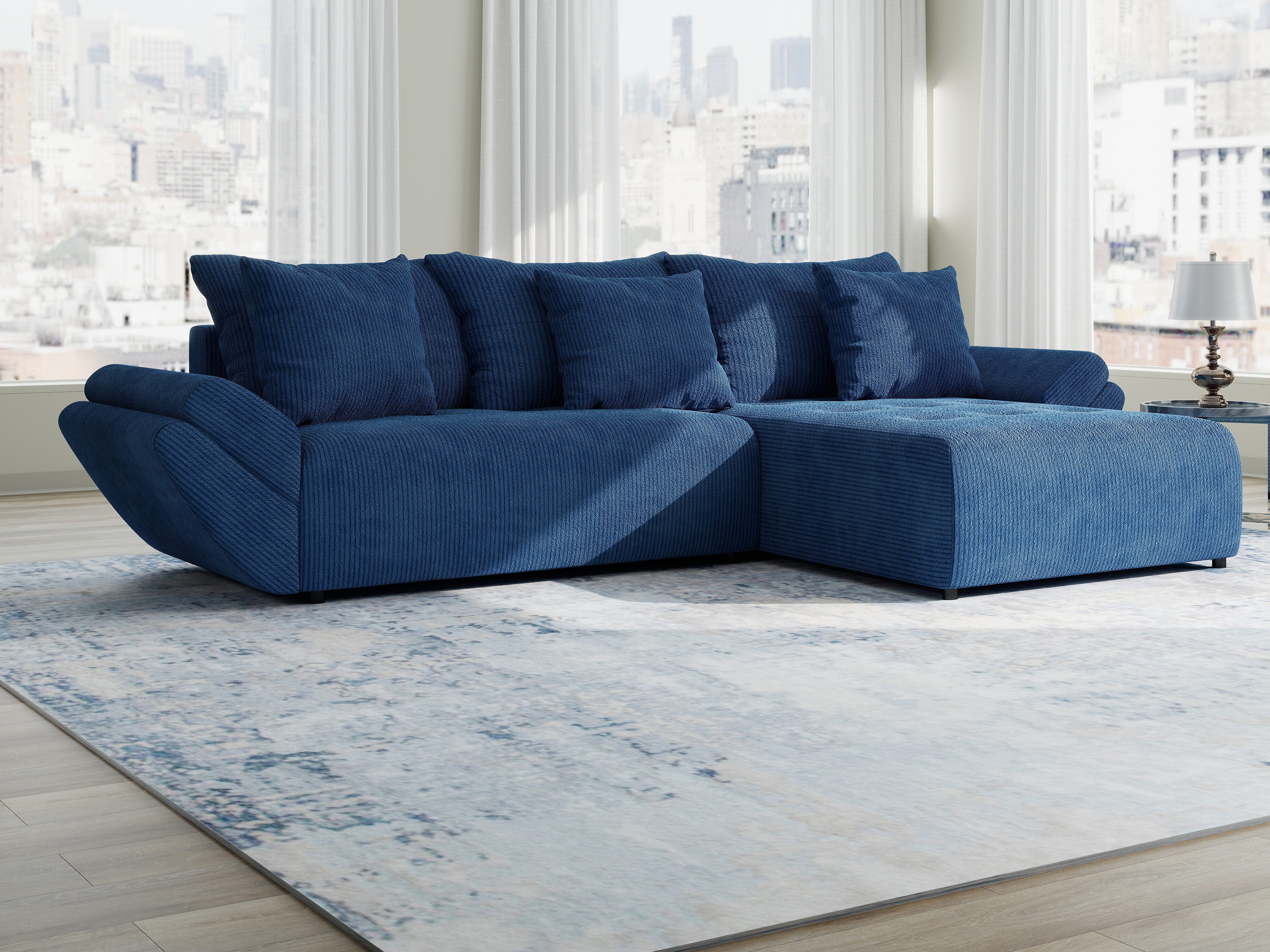 Colțar extensibil dumonde cu ladă de depozitare si sezut confortabil din spuma HR, Berlin Zoom Albastru 280x185 cm II