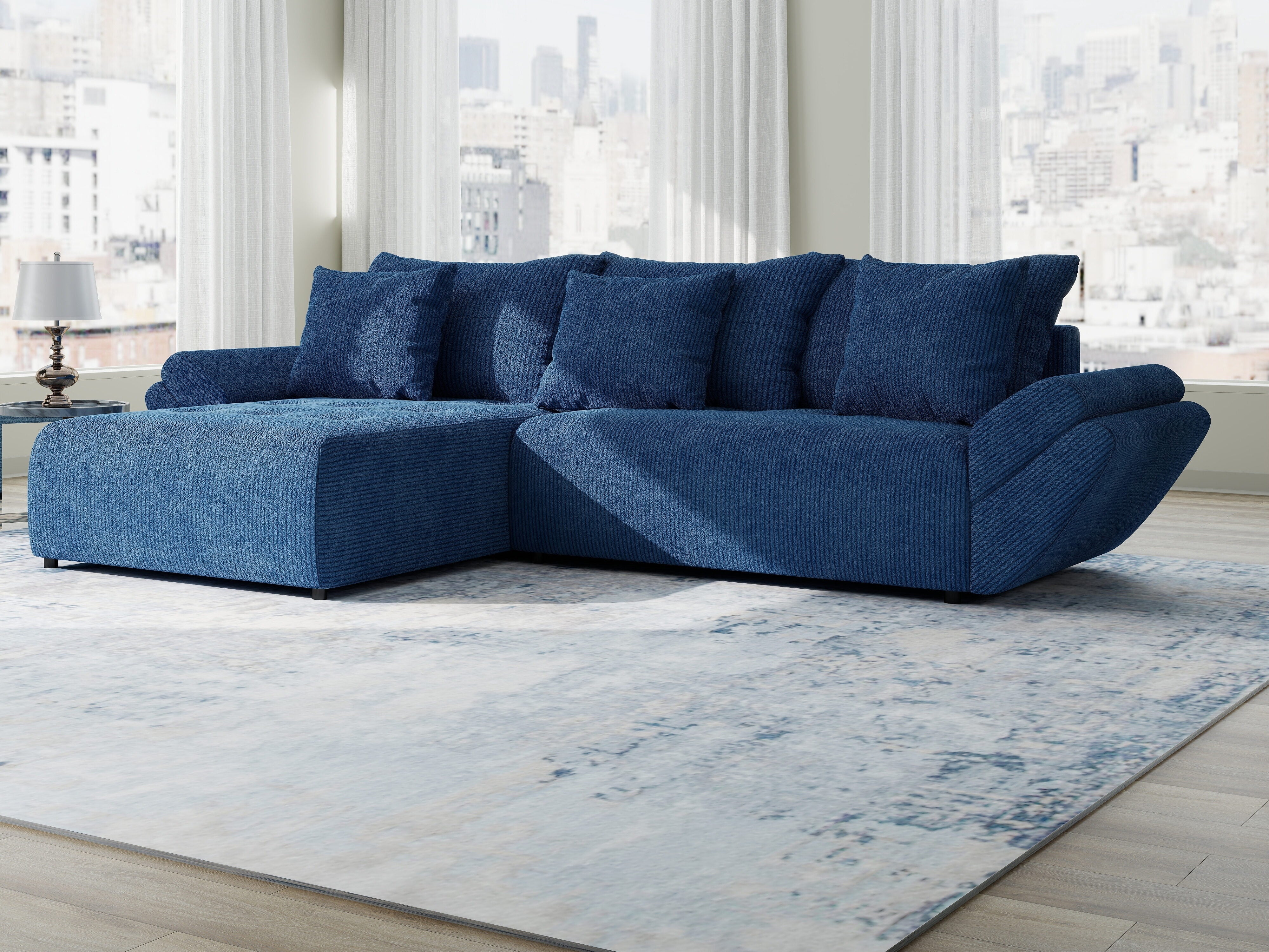 Colțar extensibil dumonde cu ladă de depozitare si sezut confortabil din spuma HR, Berlin Zoom Albastru 280x185 cm