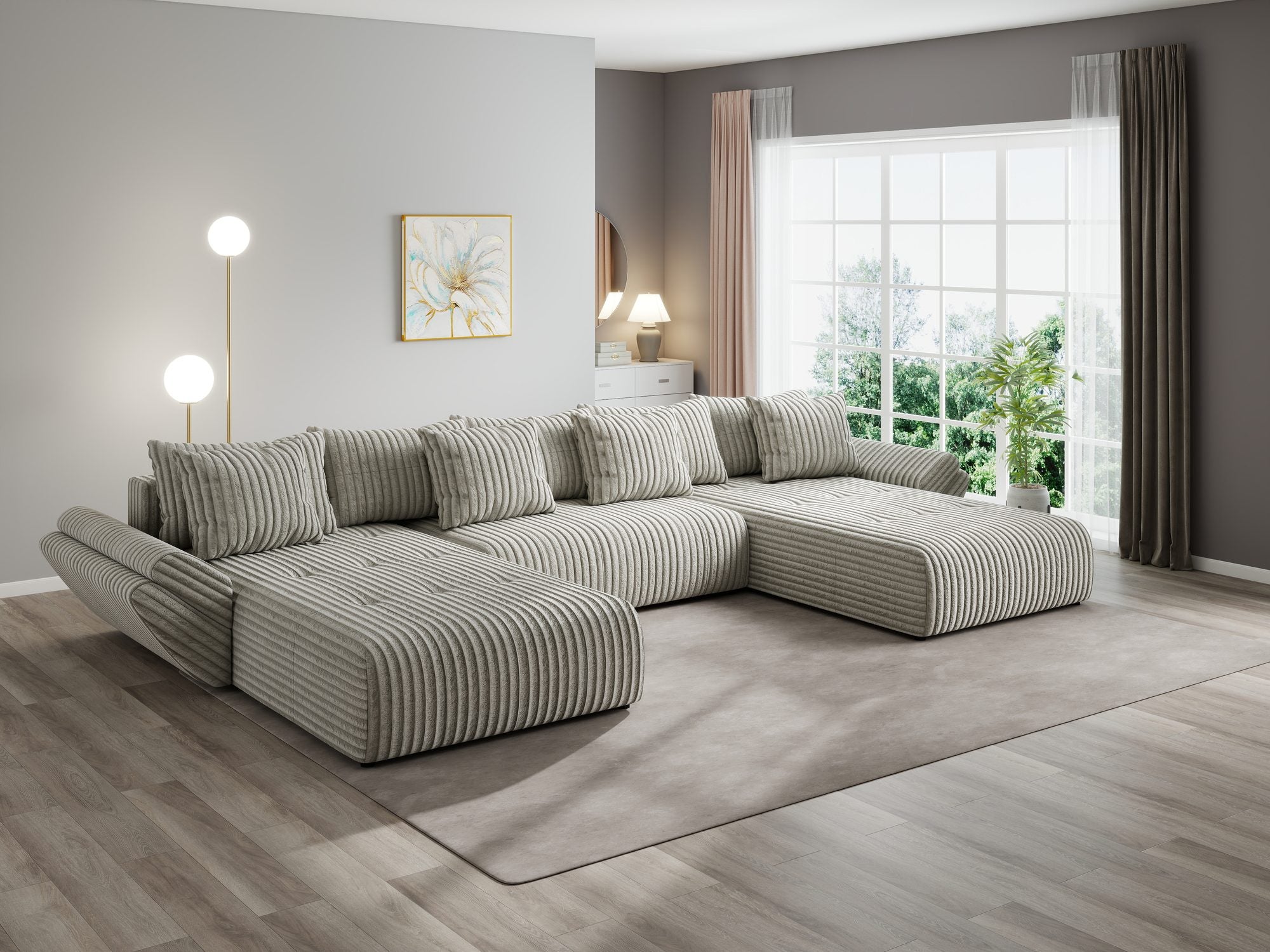 Colțar extensibil dumonde cu ladă de depozitare si sezut confortabil din spuma high-density, Berlin U Tilia Gri- Bej 11 380x180 cm
