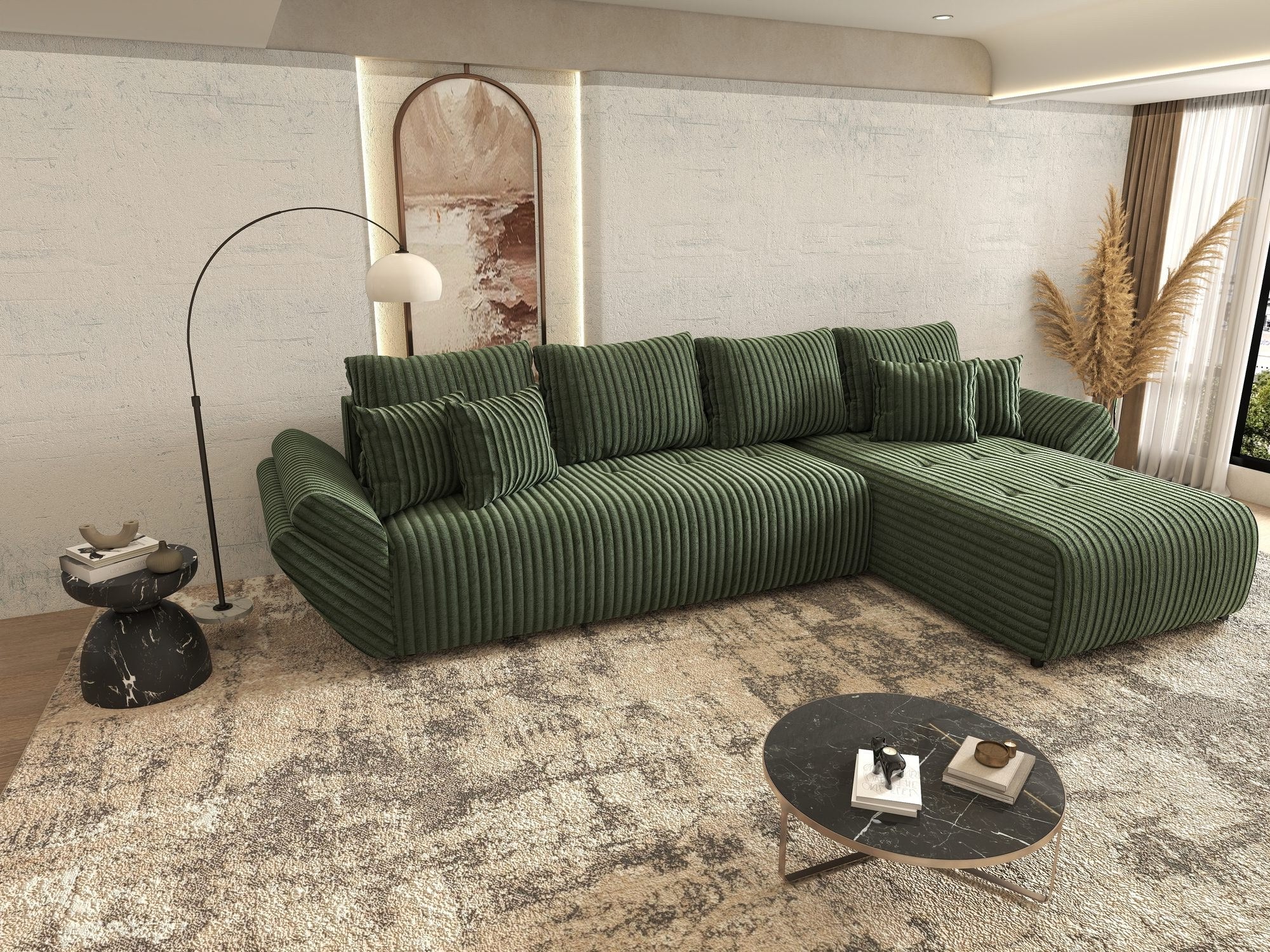 Colțar extensibil dumonde cu ladă de depozitare si sezut confortabil din spuma high-density, Berlin XL Tilia Verde 39 II 350x185 cm