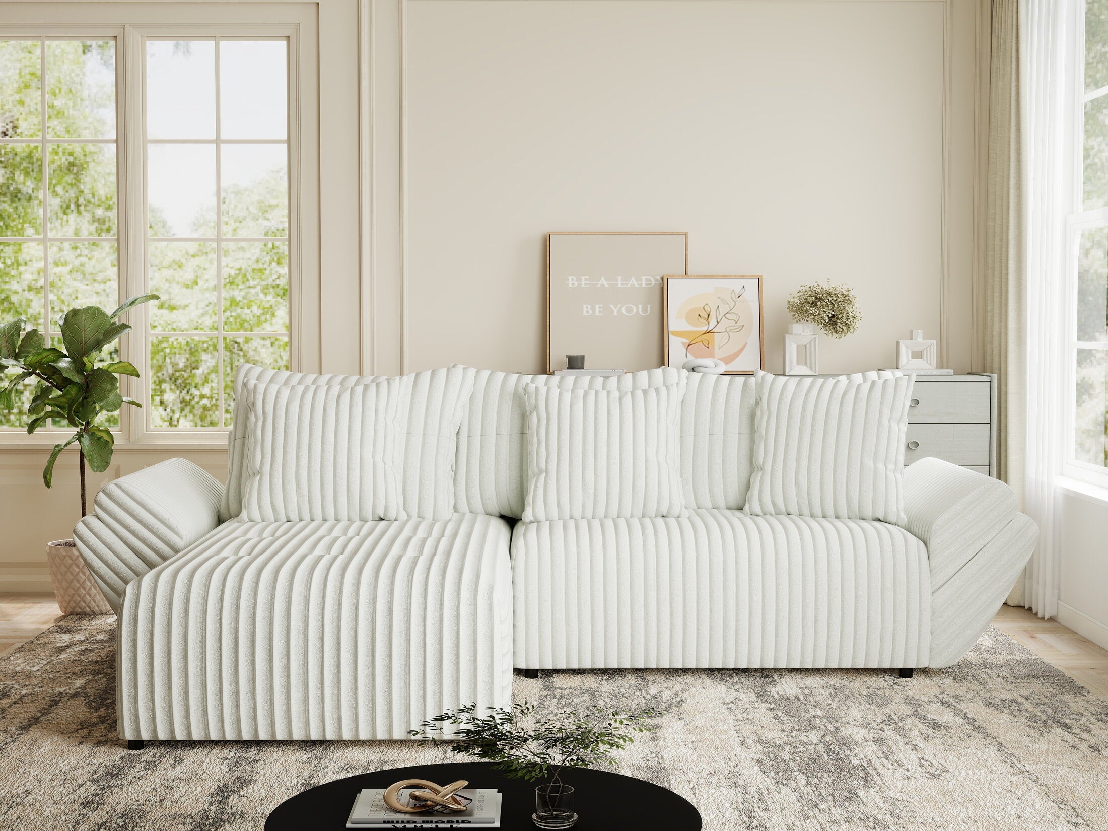 Colțar extensibil dumonde cu ladă de depozitare si sezut confortabil din spuma HR, Berlin Ambience Alb 280x185 cm