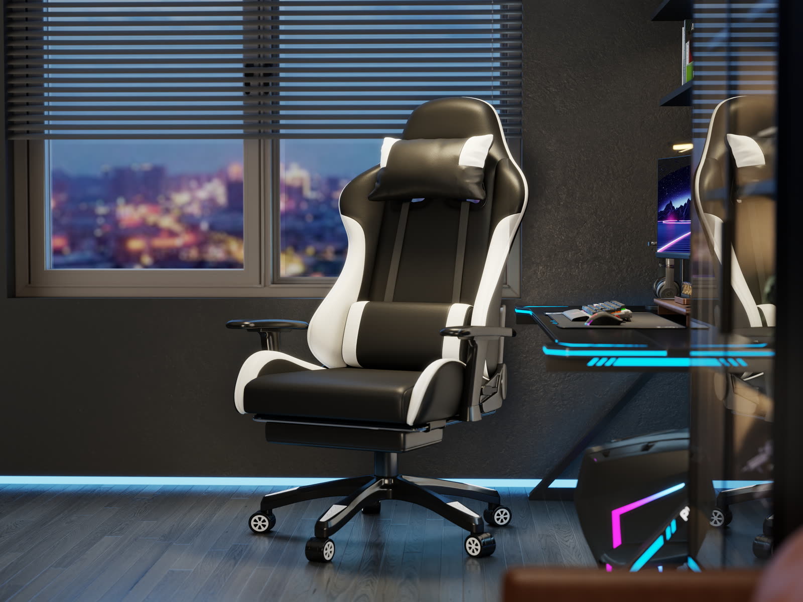 Scaun gaming Dumonde RAVEN X, mecanism multifuncțional, ecopiele, suport picioare, negru