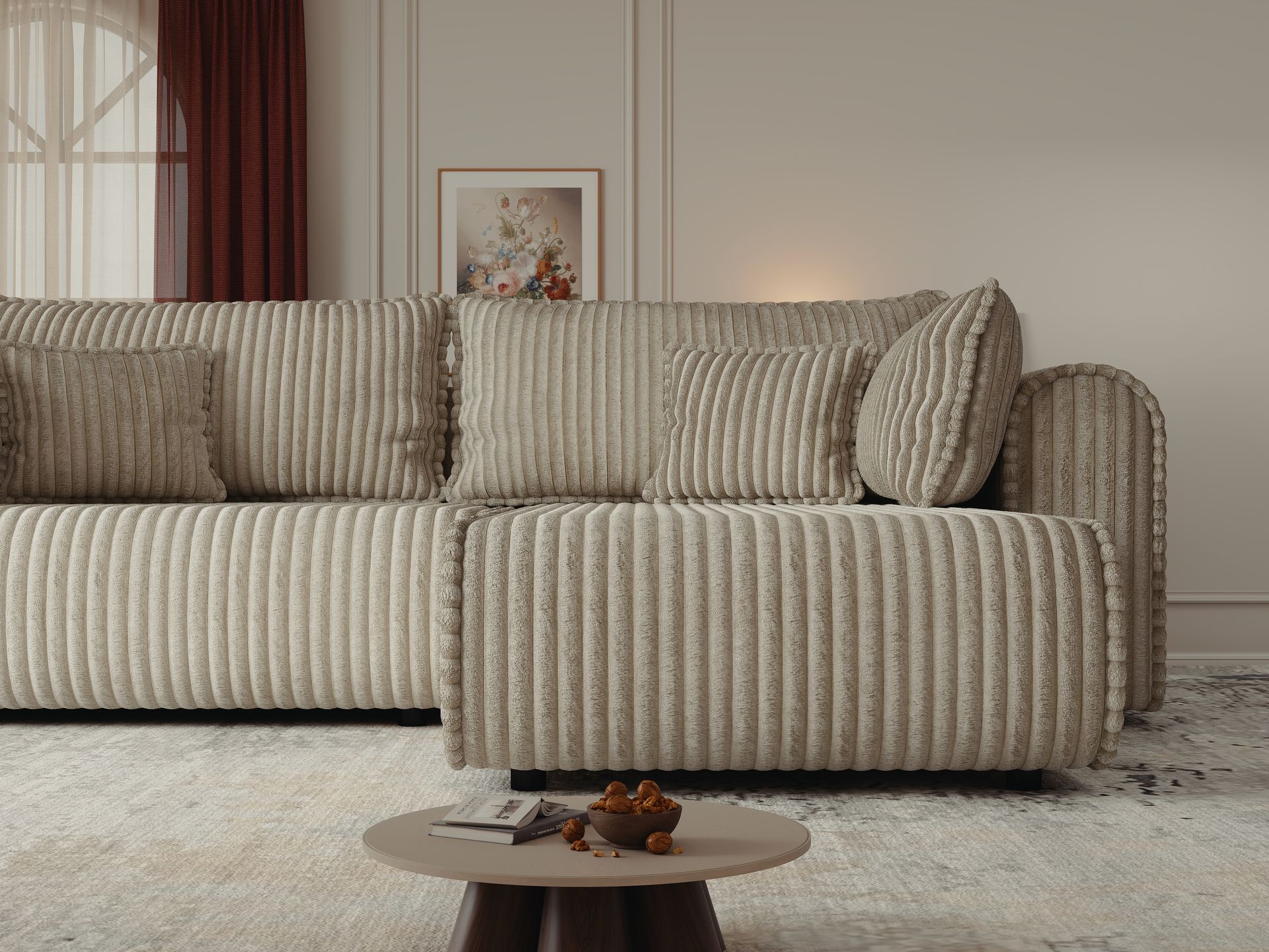 Colțar extensibil dumonde cu ladă de depozitare si sezut confortabil din spuma high-density, Monaco L Tilia Bej II 270x100 cm