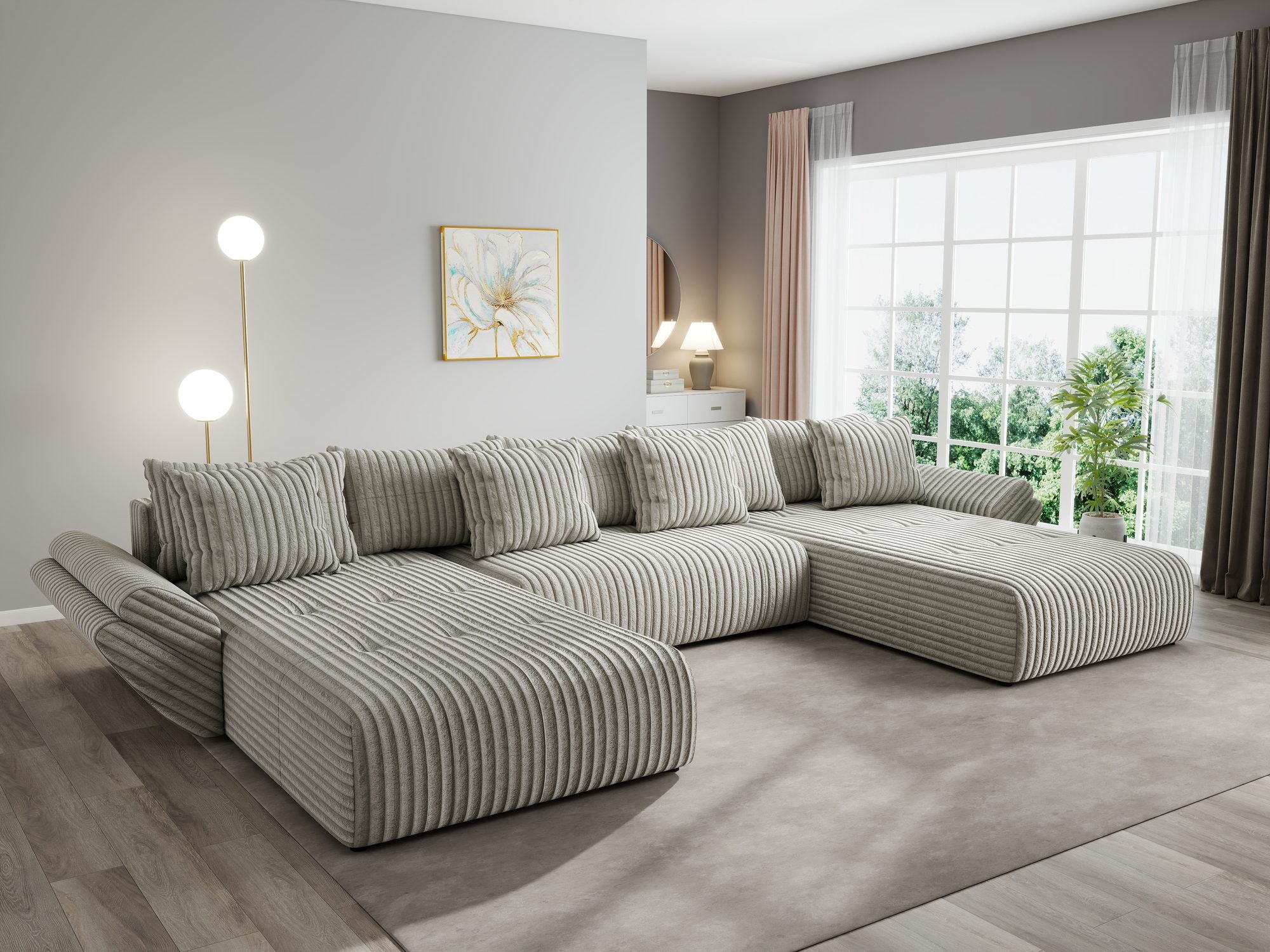 Colțar extensibil dumonde cu ladă de depozitare si sezut confortabil din spuma high-density, Berlin U Tilia Gri- Bej 11 380x180 cm