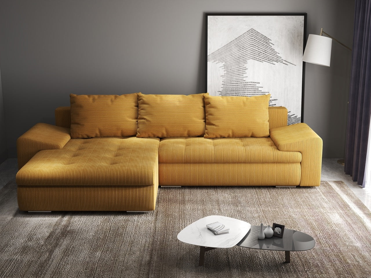 Colțar extensibil dumonde cu ladă de depozitare si sezut confortabil din spuma HR, Leonardo Zoom Mustar 255x193 cm Fabrica