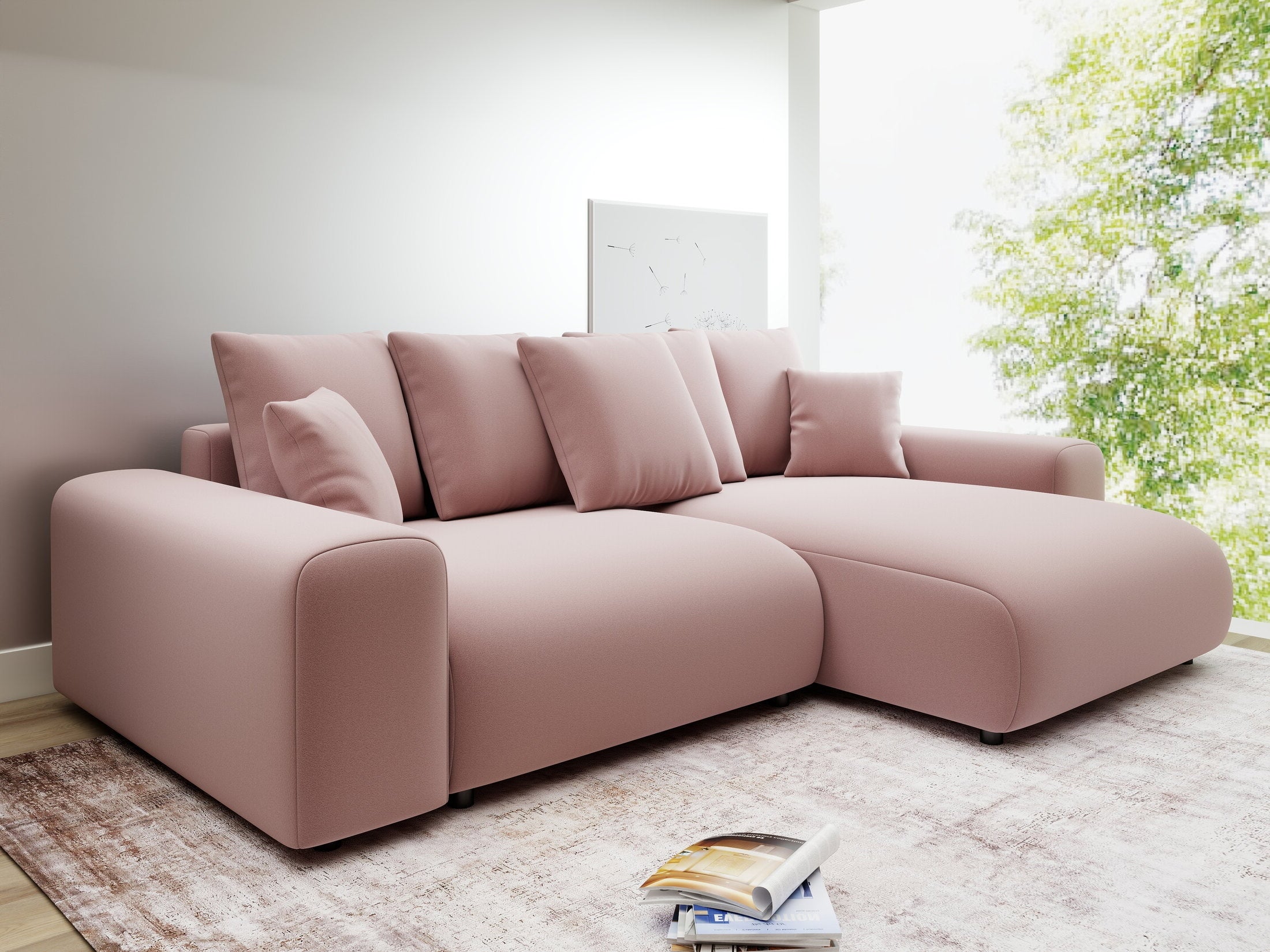 Colțar extensibil dumonde cu ladă de depozitare și șezut confortabil din spumă HR, Luma Royal Roz 255x168 cm II