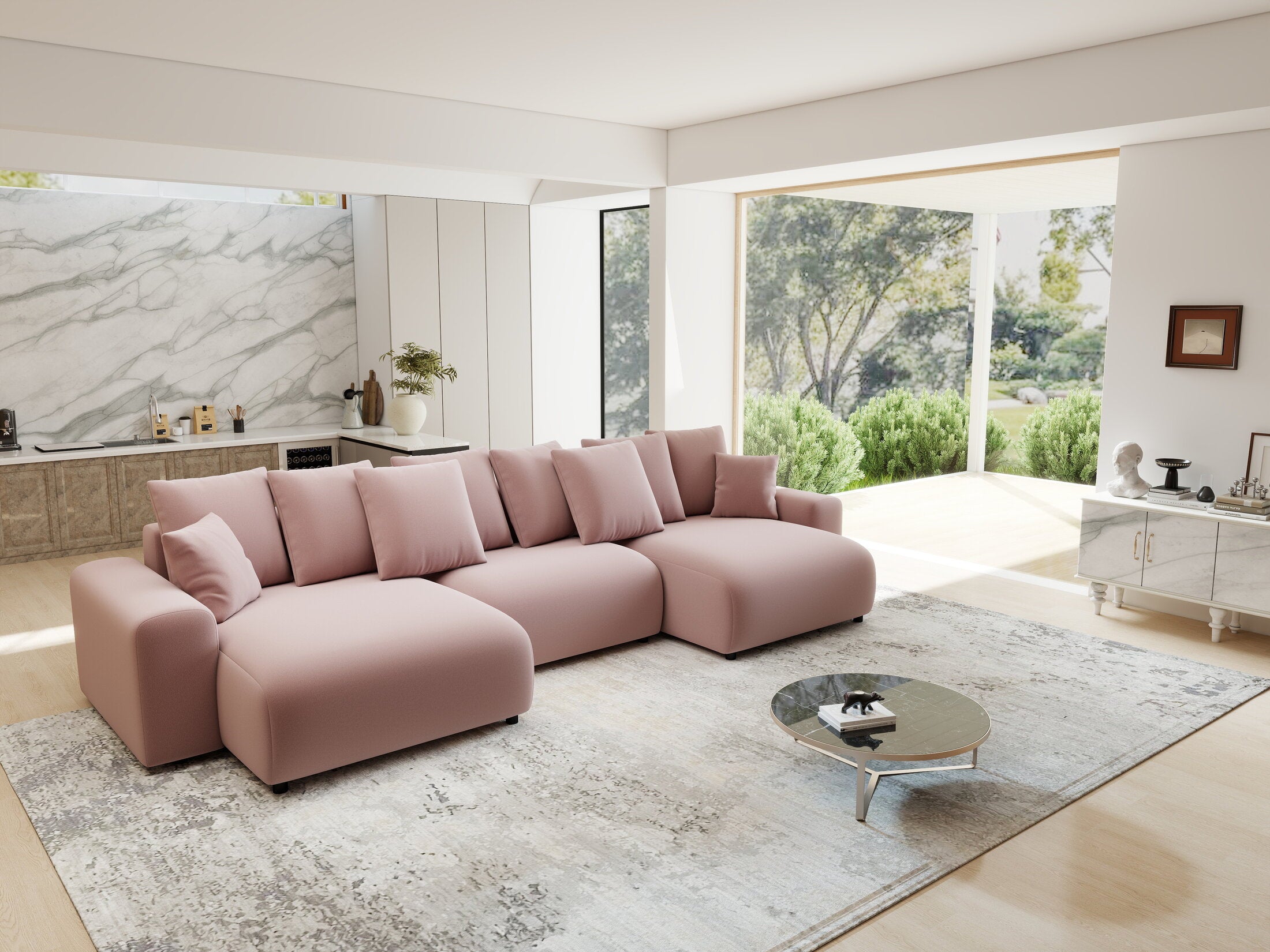 Colțar extensibil dumonde cu ladă de depozitare si sezut confortabil din spuma HR, Luma U Royal Roz 336x140 cm