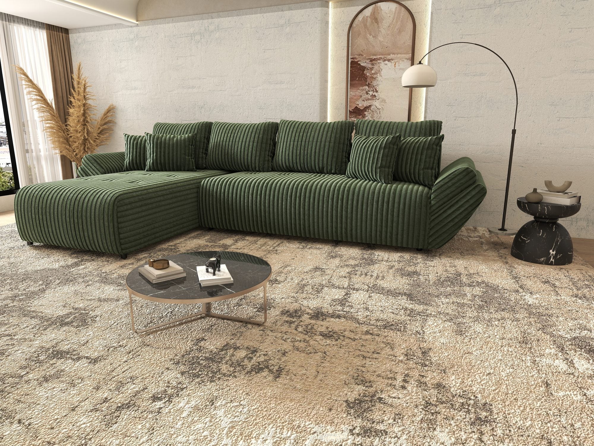Colțar extensibil dumonde cu ladă de depozitare si sezut confortabil din spuma high-density, Berlin XL Tilia Verde 39 350x185 cm