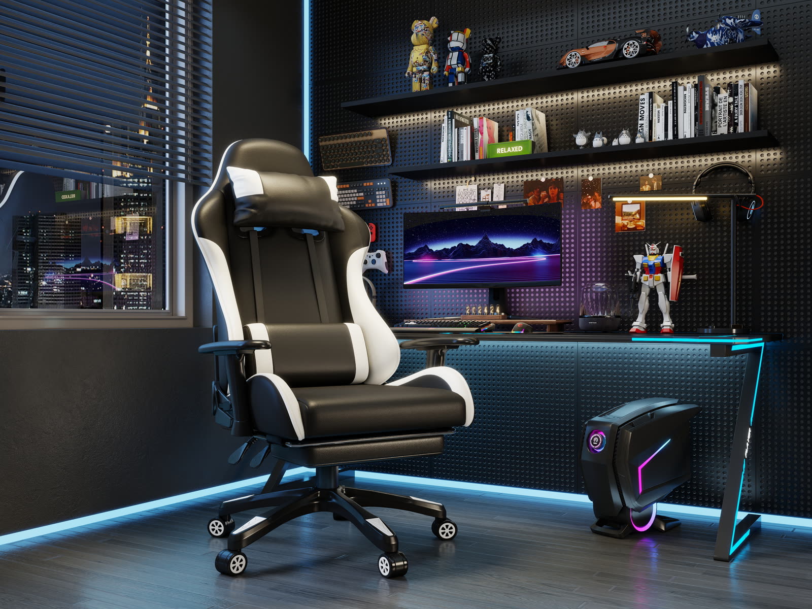 Scaun gaming Dumonde RAVEN X, mecanism multifuncțional, ecopiele, suport picioare, negru