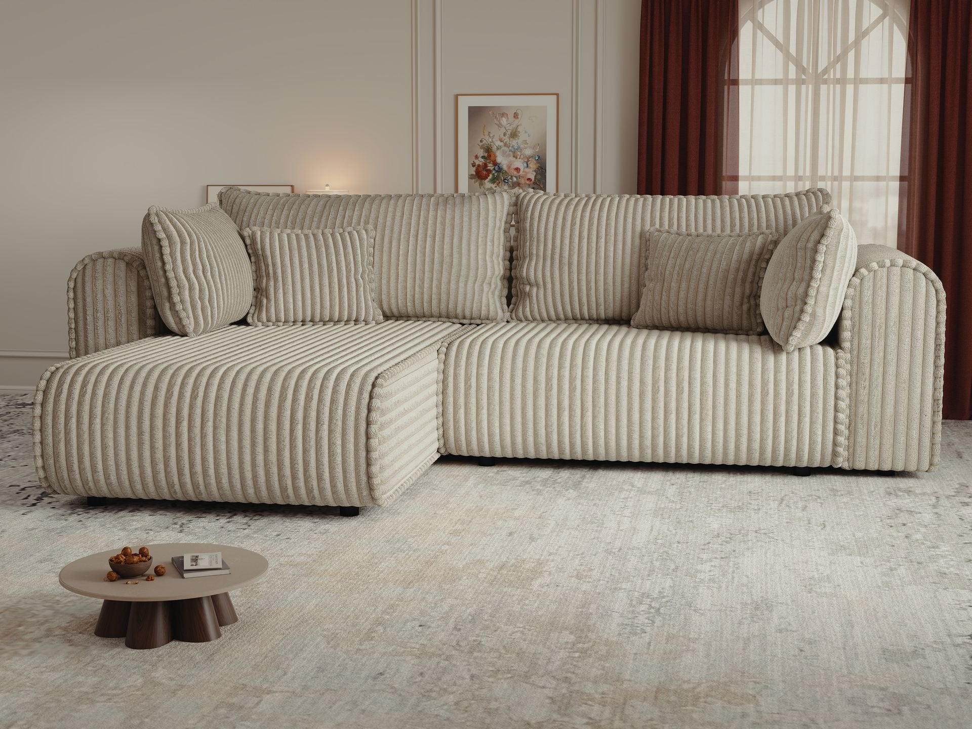 Colțar extensibil dumonde cu ladă de depozitare si sezut confortabil din spuma high-density, Monaco L Tilia Bej 270x100 cm