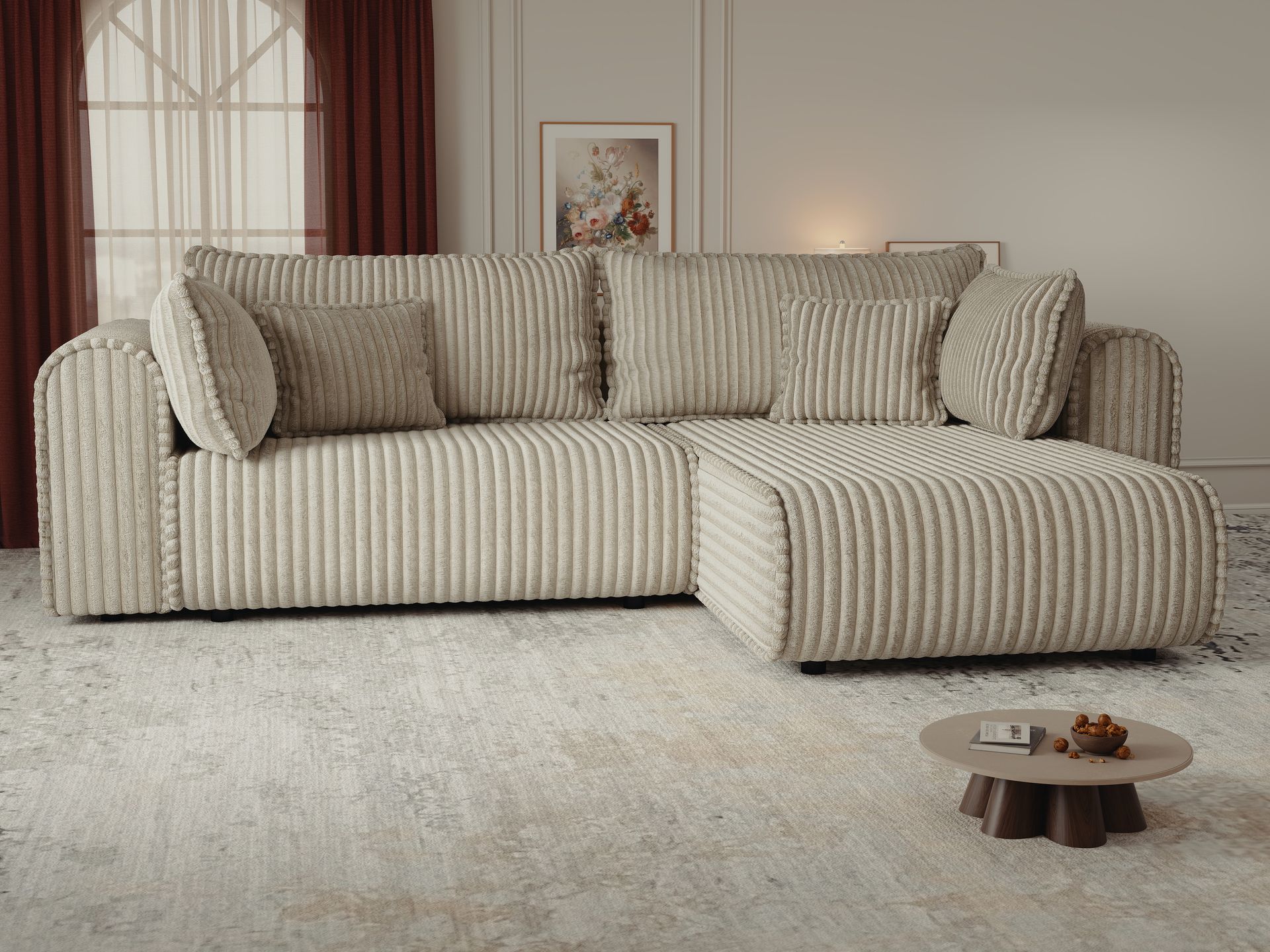 Colțar extensibil dumonde cu ladă de depozitare si sezut confortabil din spuma high-density, Monaco L Tilia Bej II 270x100 cm