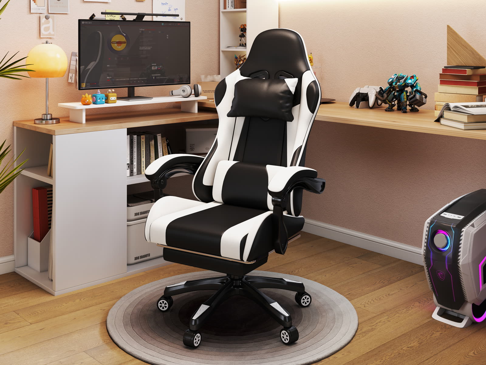 Scaun gaming Dumonde VIPER, mecanism multifuncțional, ecopiele, suport picioare, alb/negru