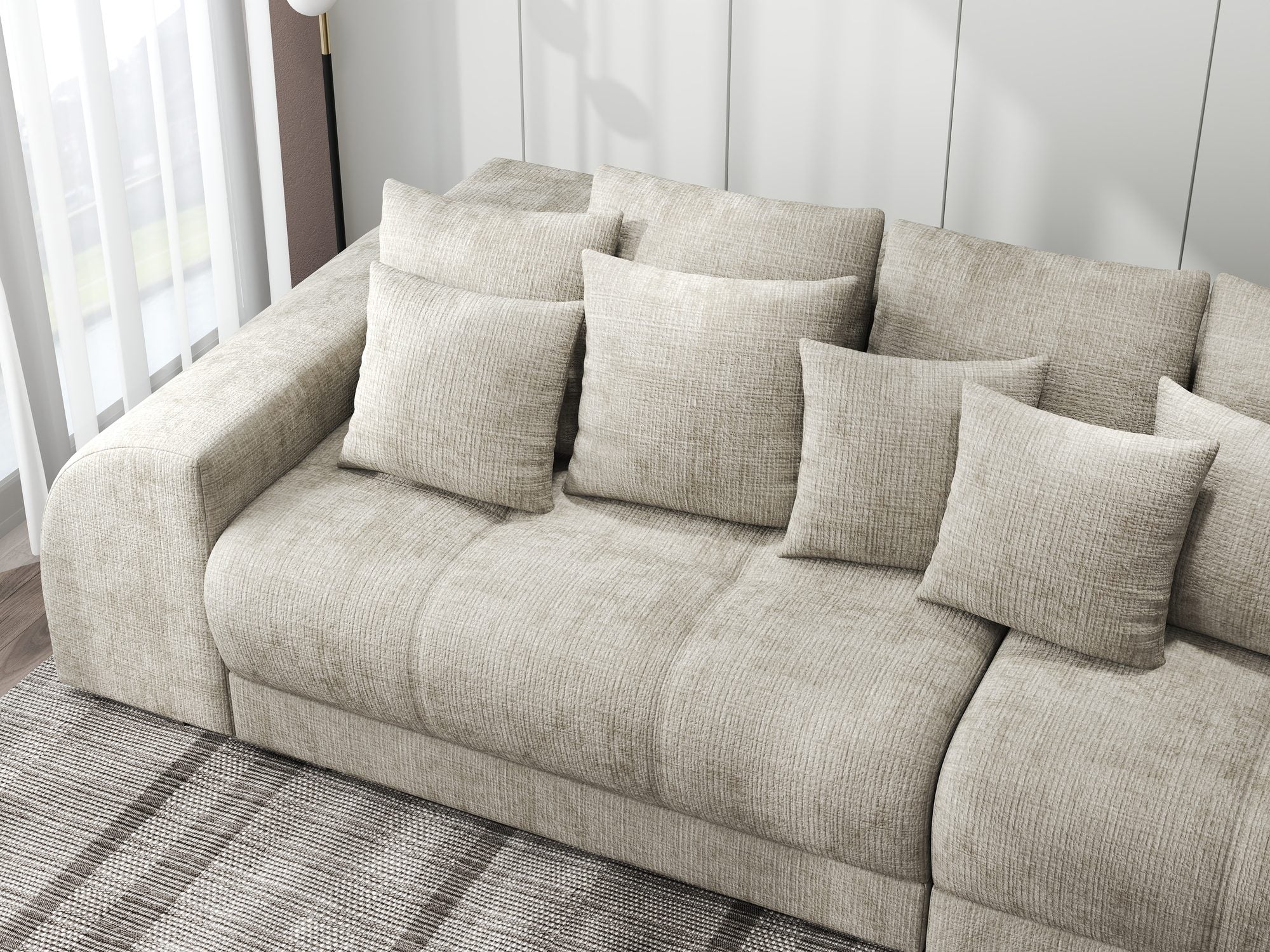Canapea extensibilă dumonde cu 2 lăzi de depozitare si sezut confortabil din spuma high-density, Verona Cremona Bej 14 310x100 cm