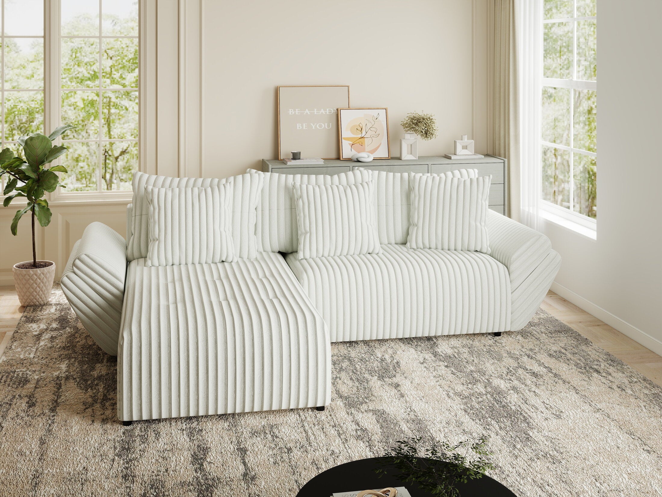 Colțar extensibil dumonde cu ladă de depozitare si sezut confortabil din spuma HR, Berlin Ambience Alb 280x185 cm