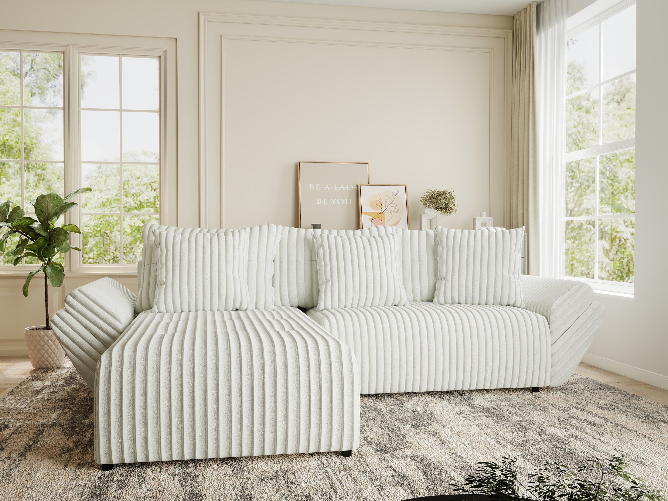 Colțar extensibil dumonde cu ladă de depozitare si sezut confortabil din spuma HR, Berlin Ambience Alb 280x185 cm