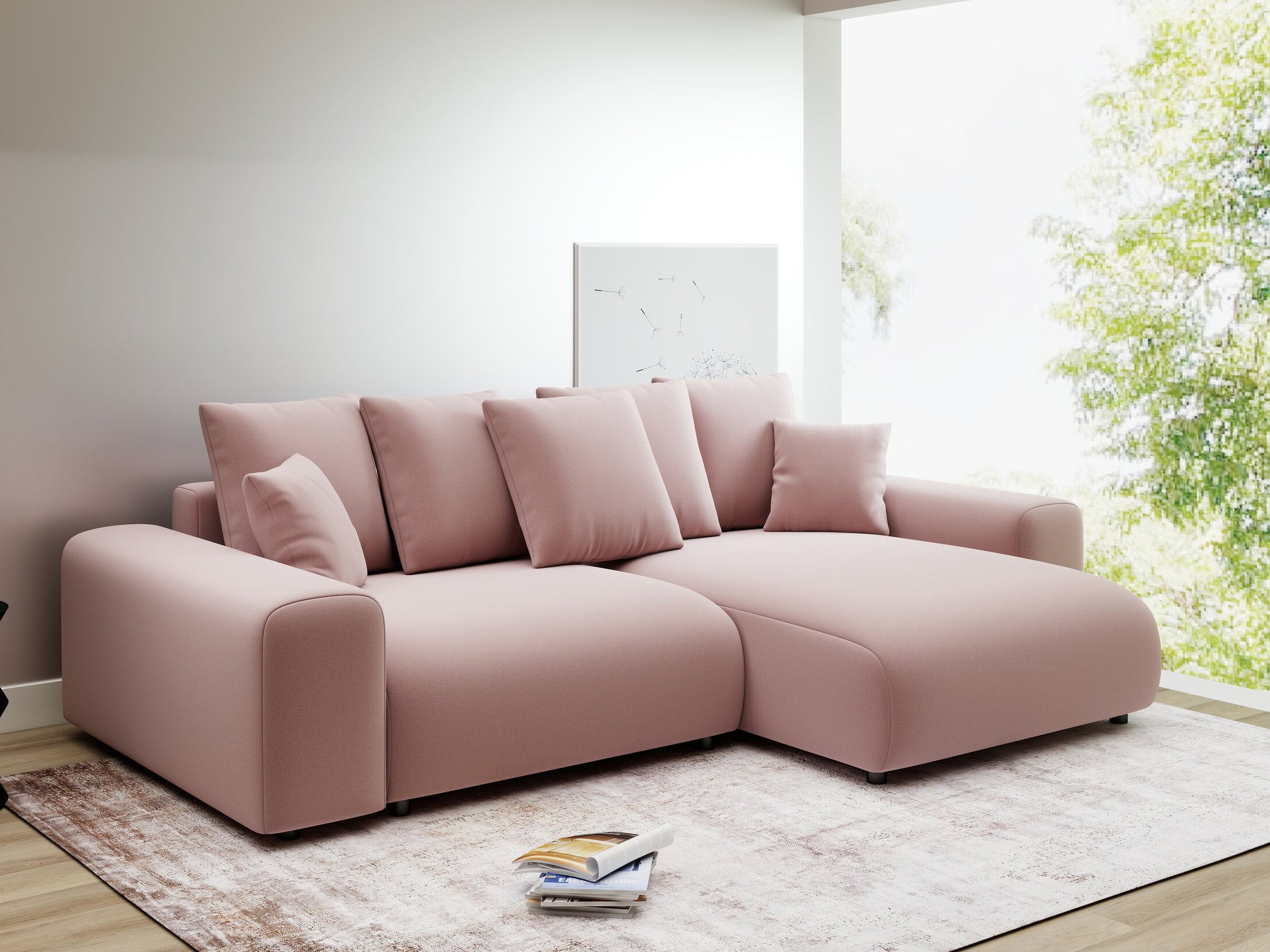 Colțar extensibil dumonde cu ladă de depozitare și șezut confortabil din spumă HR, Luma Royal Roz 255x168 cm II