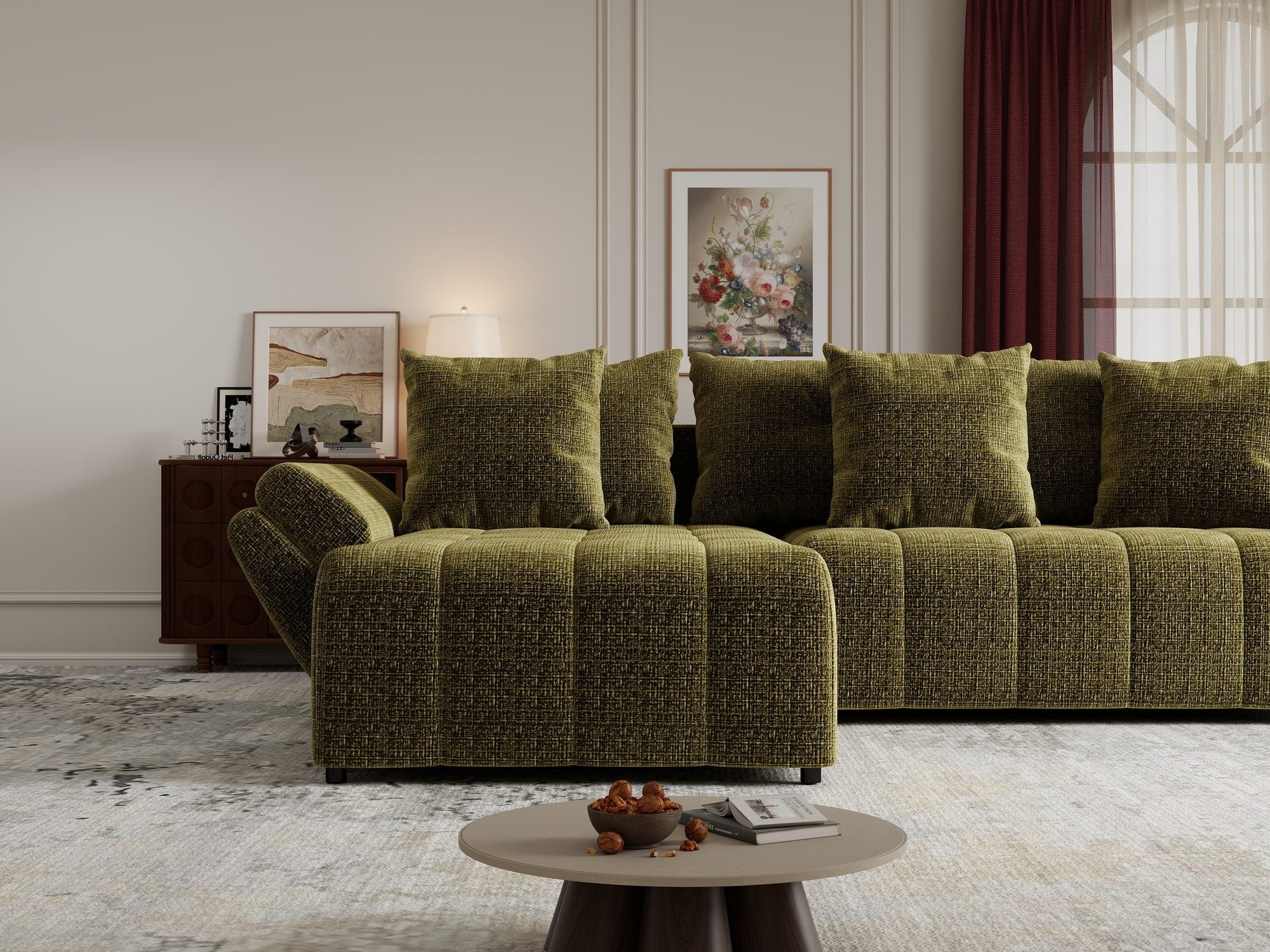 Colțar extensibil dumonde cu ladă de depozitare si sezut confortabil din spuma high-density, Berlin Monolith Verde Olive 38 280x185 cm