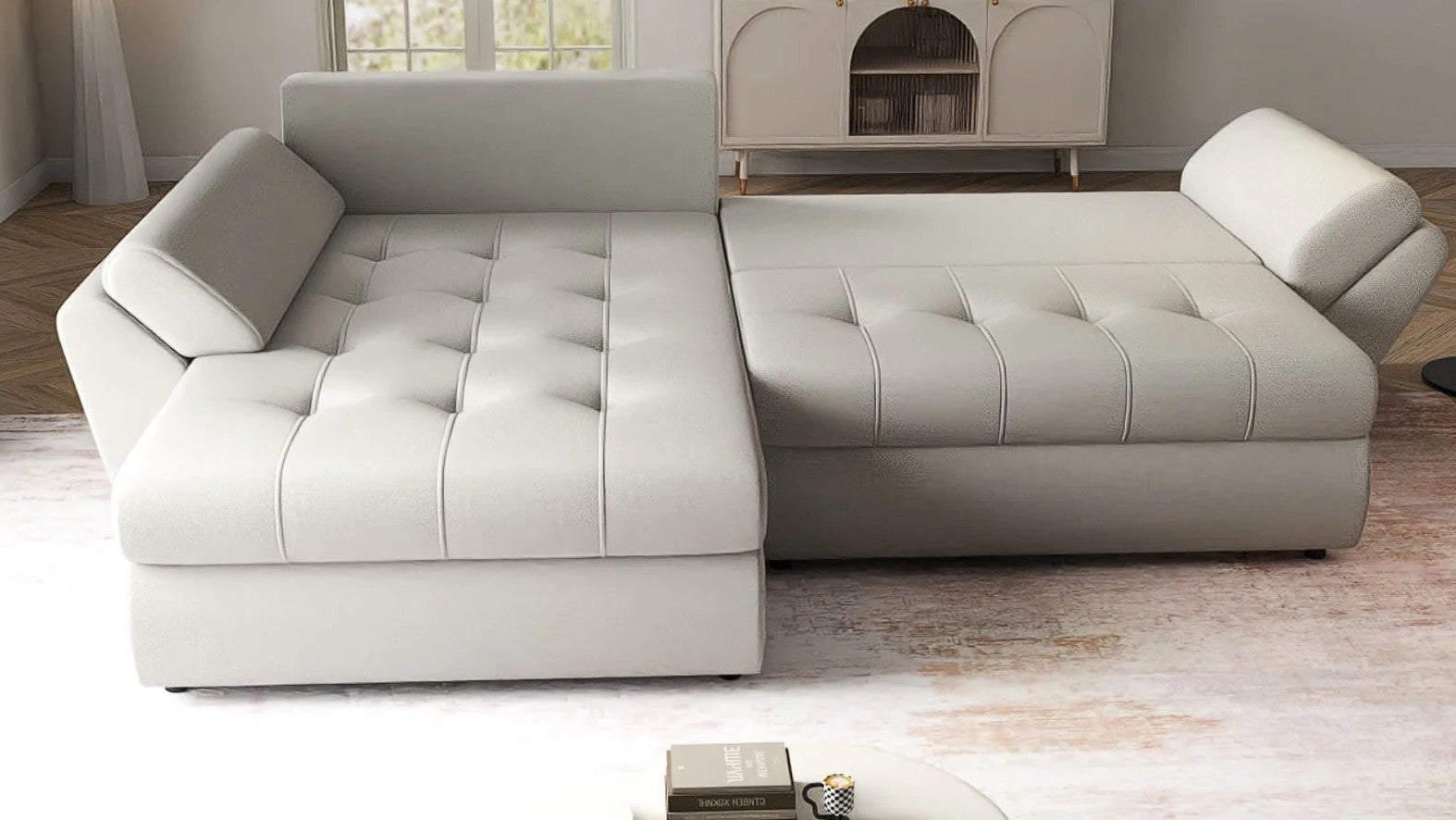Colțar extensibil dumonde cu ladă de depozitare si sezut confortabil din spuma HR, Loana Bej 270x185 cm Fabrica