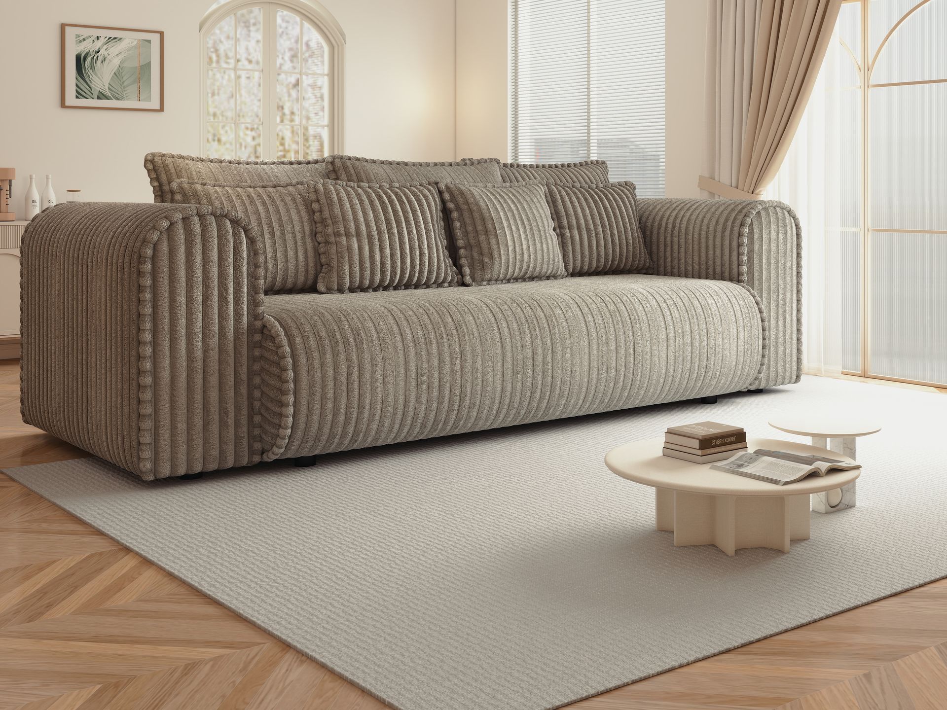 Canapea extensibilă dumonde cu ladă de depozitare si sezut confortabil din spuma high-density, Monaco Mica Tilia Capucino 240x100 cm