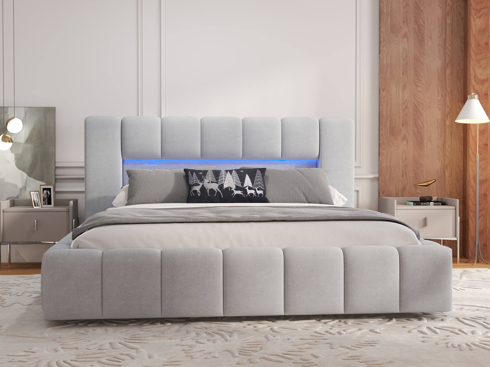 Pat dormitor dumonde, tapitat bej, Palermo 180X200 cm, somiera rabatabila inclusa, spatiu depozitare