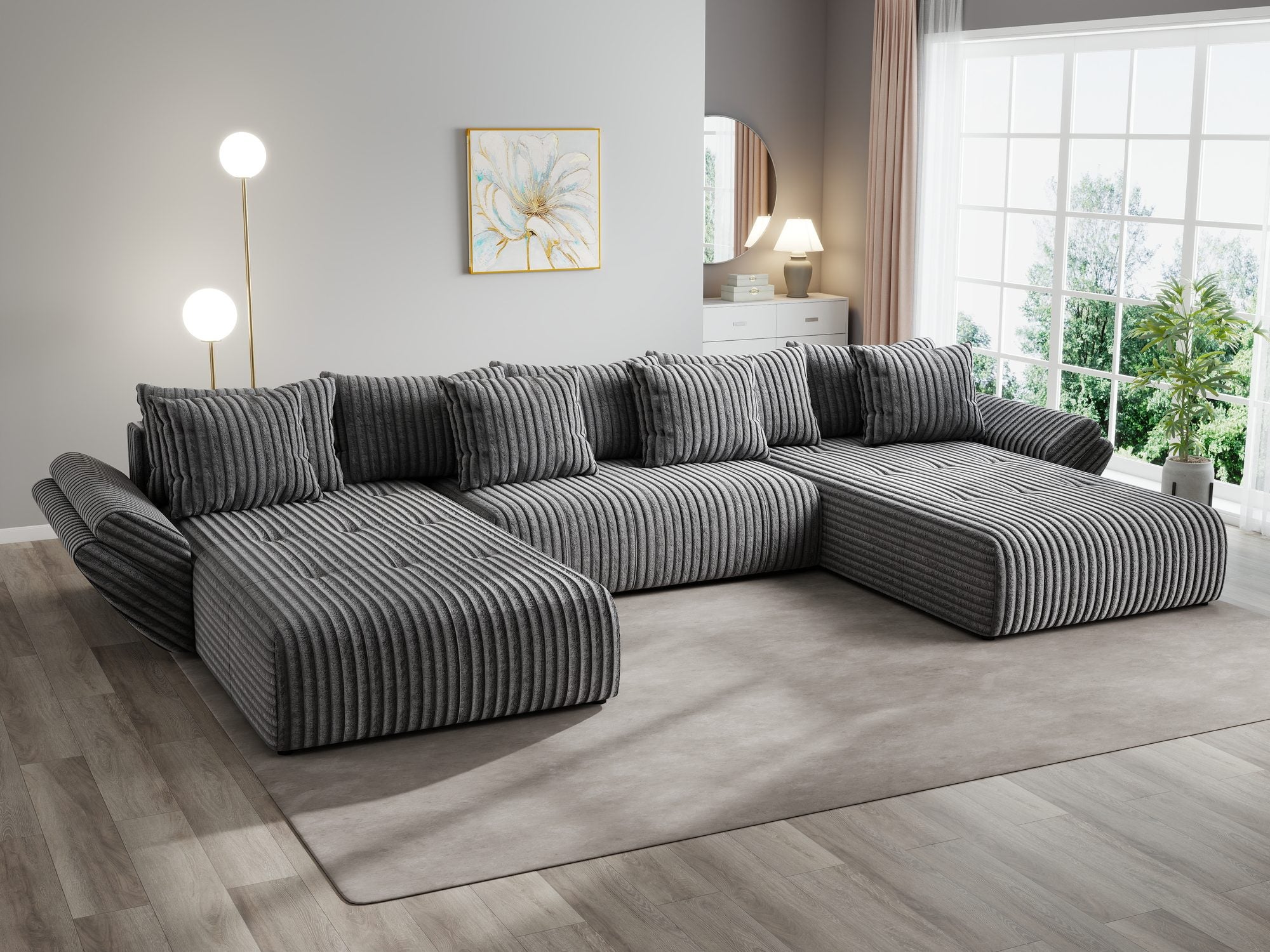 Colțar extensibil dumonde cu ladă de depozitare si sezut confortabil din spuma high-density, Berlin U Tilia Gri 90 380x180 cm