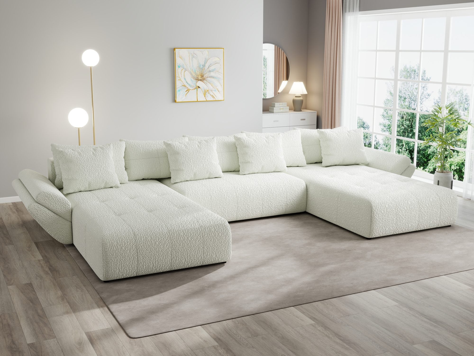 Colțar extensibil dumonde cu ladă de depozitare si sezut confortabil din spuma high-density, Berlin U Jaguar Ivory 1 380x180 cm