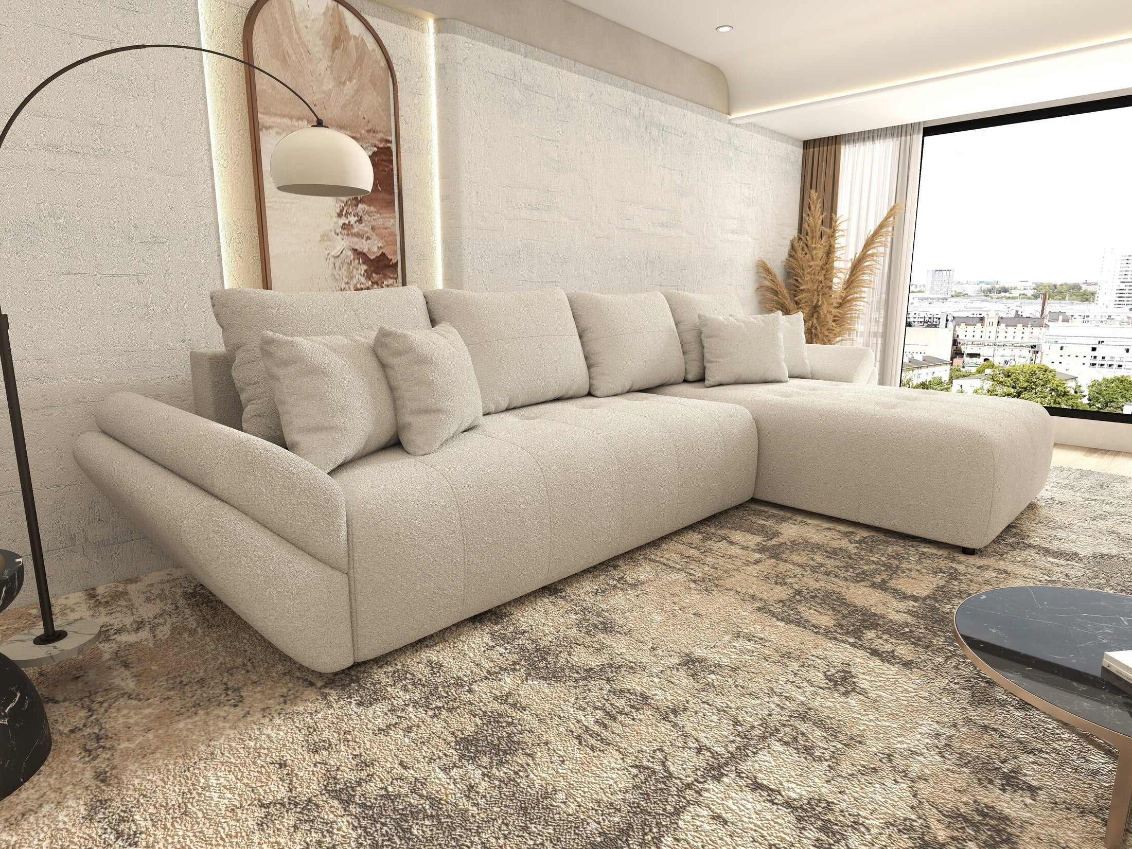 Colțar extensibil dumonde cu ladă de depozitare si sezut confortabil din spuma HR, Berlin XL Euphoria Ivory 350x185 cm II