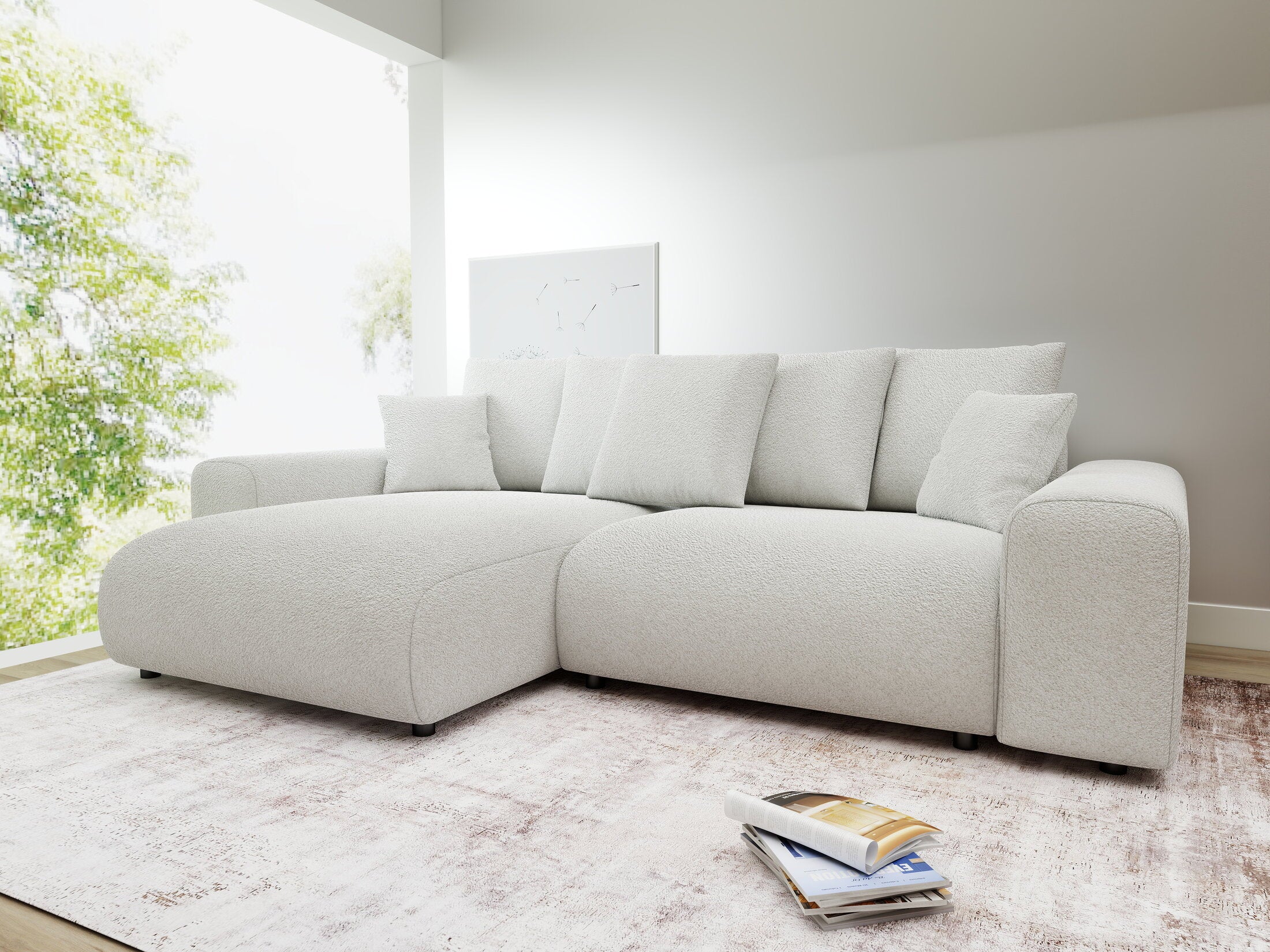 Colțar extensibil dumonde cu ladă de depozitare și șezut confortabil din spumă HR, Luma Euphoria Alb 255x168 cm