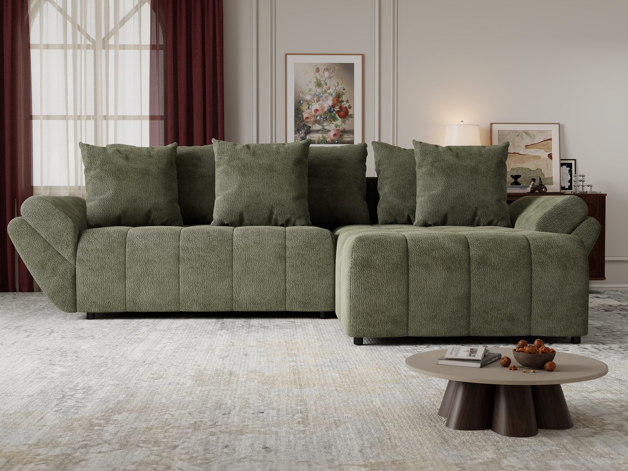 Colțar extensibil dumonde cu ladă de depozitare si sezut confortabil din spuma high-density, Berlin Vibe Olive 38 II 280x185 cm